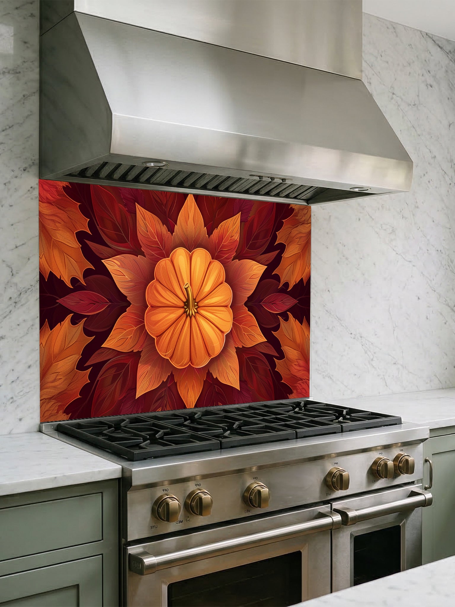 Faux 3D effect symmetrical pumpkin mandala surrounded by rich orange and burgundy autumn leaves, UV printed on a smooth tempered glass kitchen backsplash.