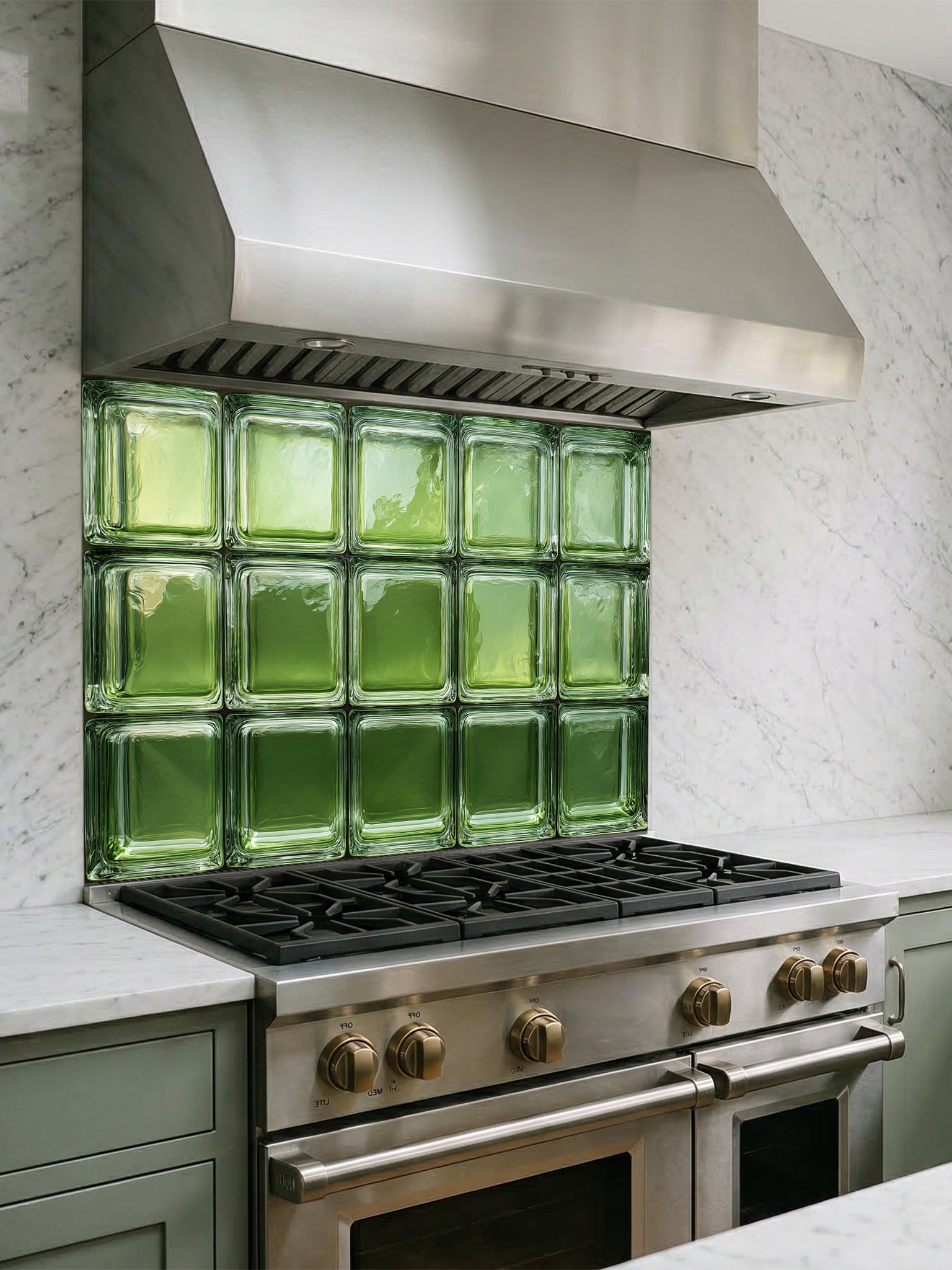 Tempered glass kitchen backsplash featuring a highly realistic 3D illusion of architectural glass blocks in vibrant translucent vintage green with authentic wavy textures, installed behind a modern black stove.