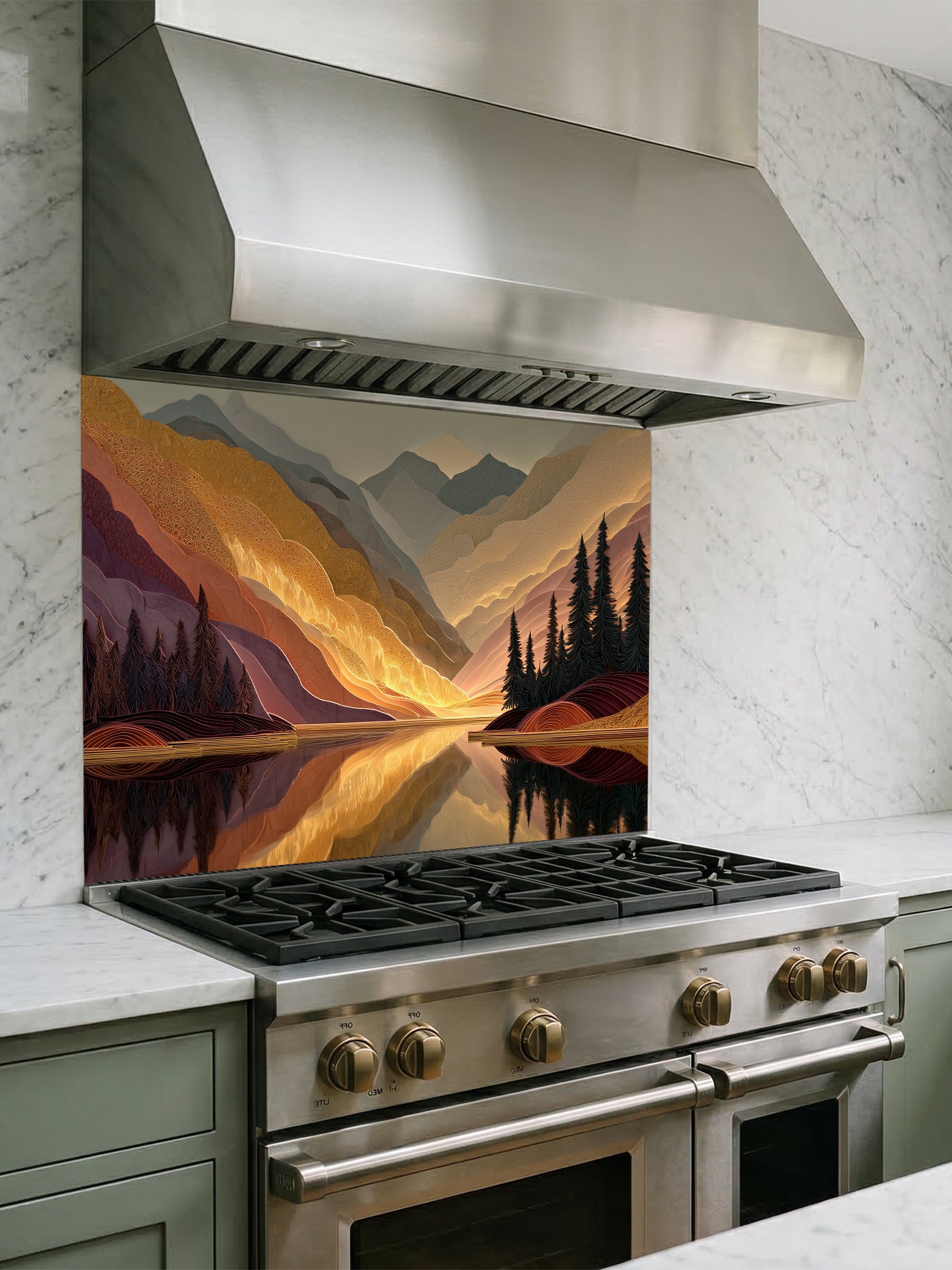 Tempered glass kitchen backsplash featuring a highly realistic 3D illusion of a textured mountain landscape at sunset, showcasing glowing golden peaks, dark pine trees, and a calm lake reflection in rich burgundy and amber tones, installed behind a modern black stove.