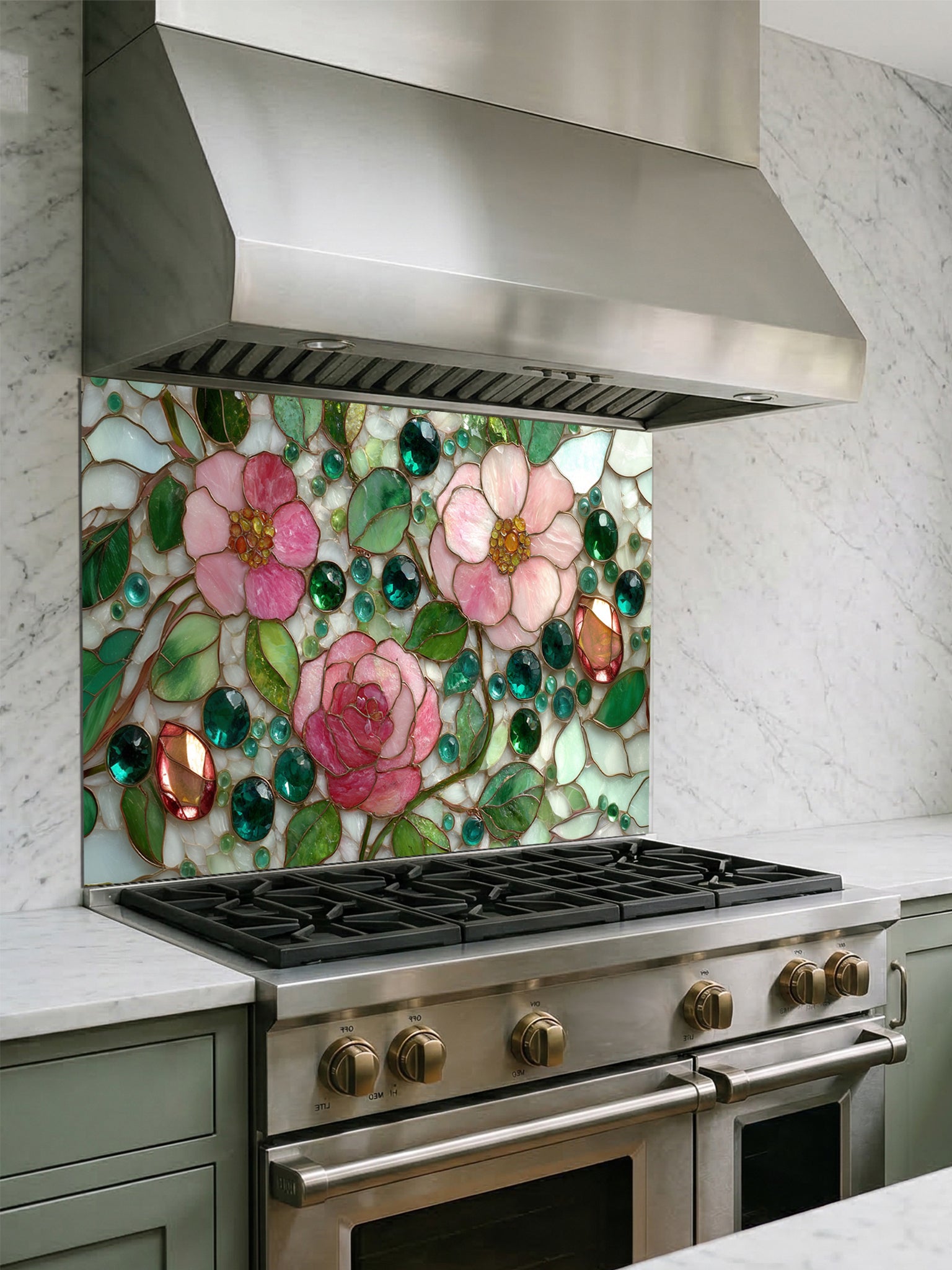 Tempered glass kitchen backsplash featuring a highly realistic faux stained glass design of delicate pink roses, green leaves, and jewel-like glass beads on a pale mosaic background, installed behind a modern stainless steel stove.