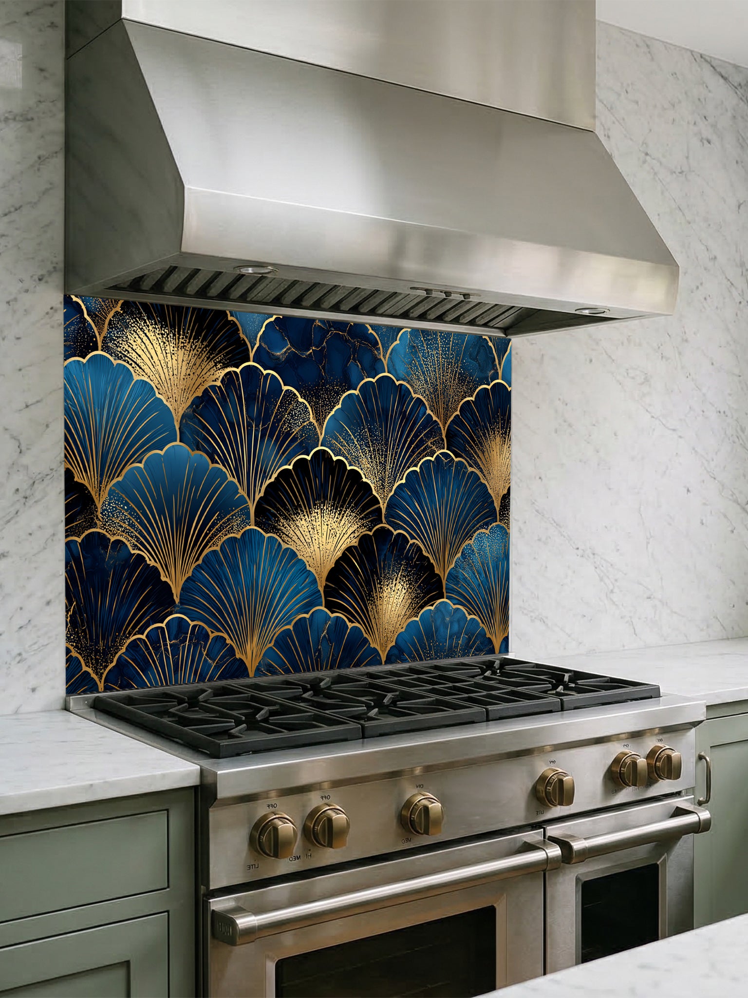 Elegant Art Deco geometric scalloped fan pattern in deep navy blue and gold, UV printed on a smooth tempered glass kitchen backsplash, installed behind a modern stove.