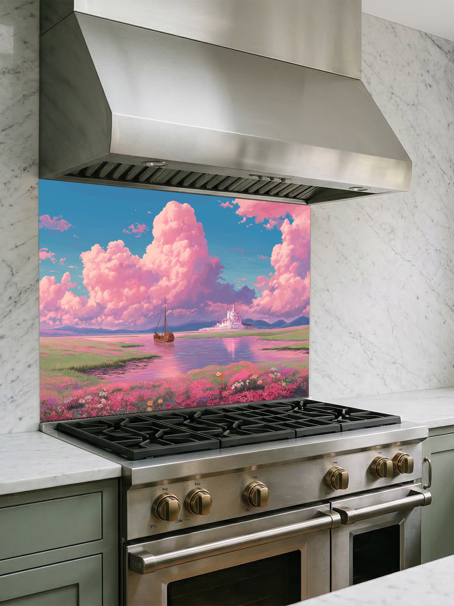 Anime style fantasy landscape with fluffy pastel pink clouds, a sailboat on a calm river, and a distant magical white castle, UV printed on a smooth tempered glass kitchen backsplash.