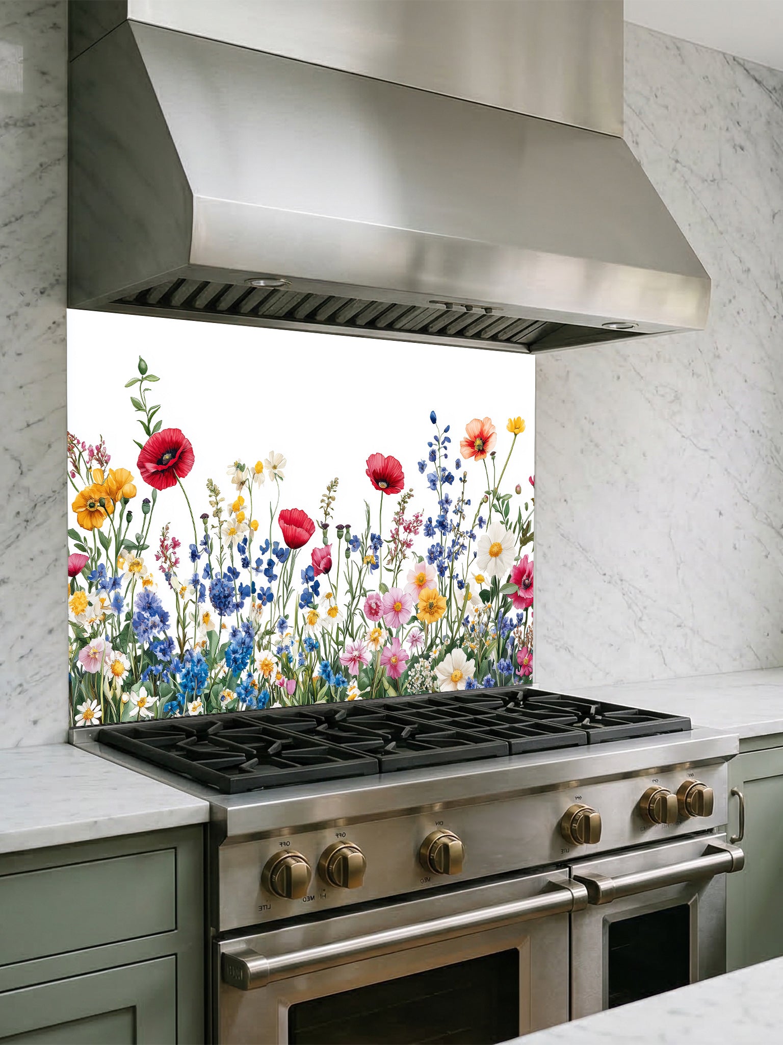 A bright kitchen featuring a tempered glass backsplash with a vibrant botanical illustration of a colorful wildflower meadow on a crisp white background, installed behind a modern stainless steel stove.