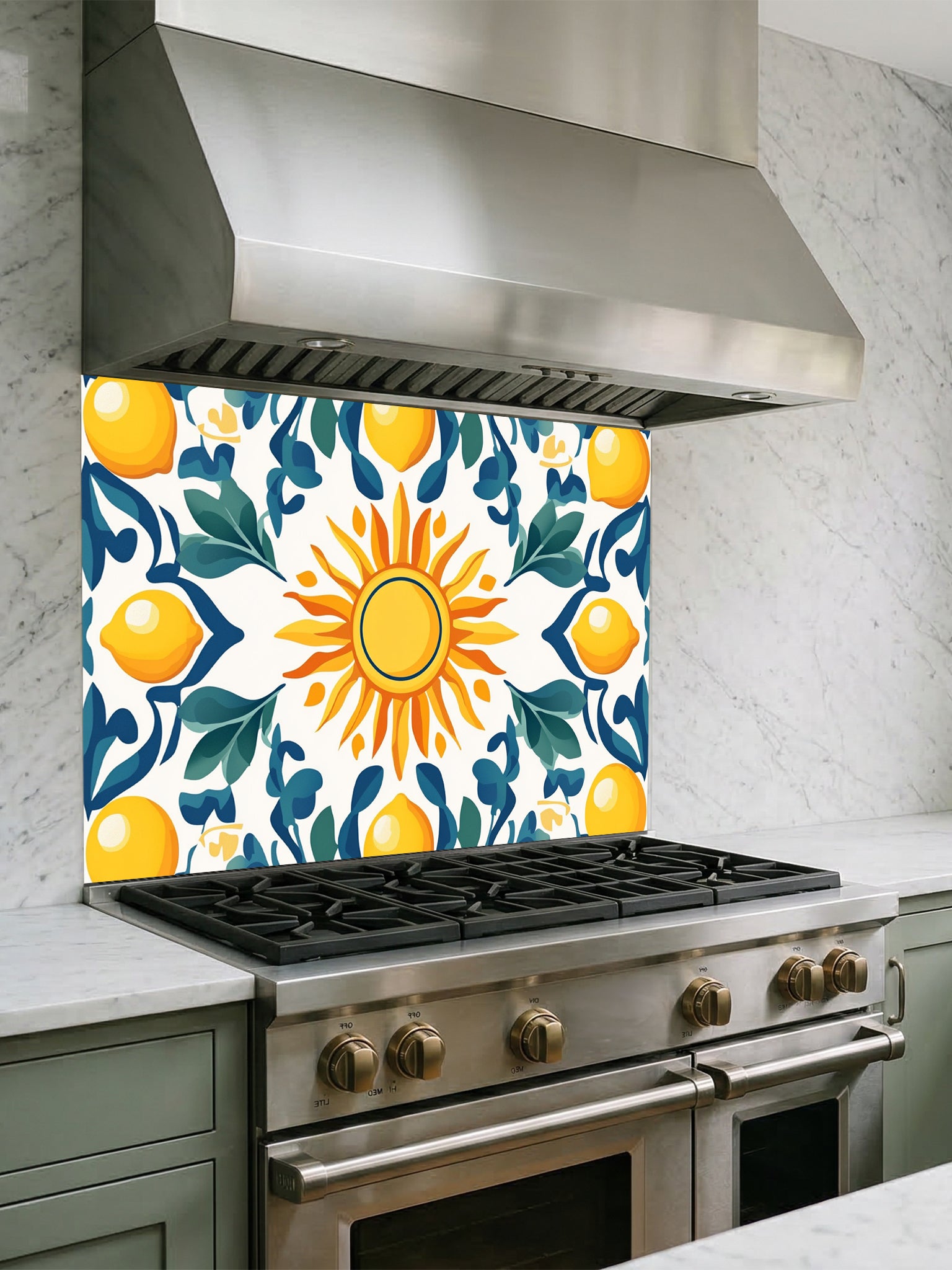 Vibrant Mediterranean Majolica style tile pattern featuring a central sun, yellow lemons, and teal leaves, UV printed on a smooth tempered glass kitchen backsplash.