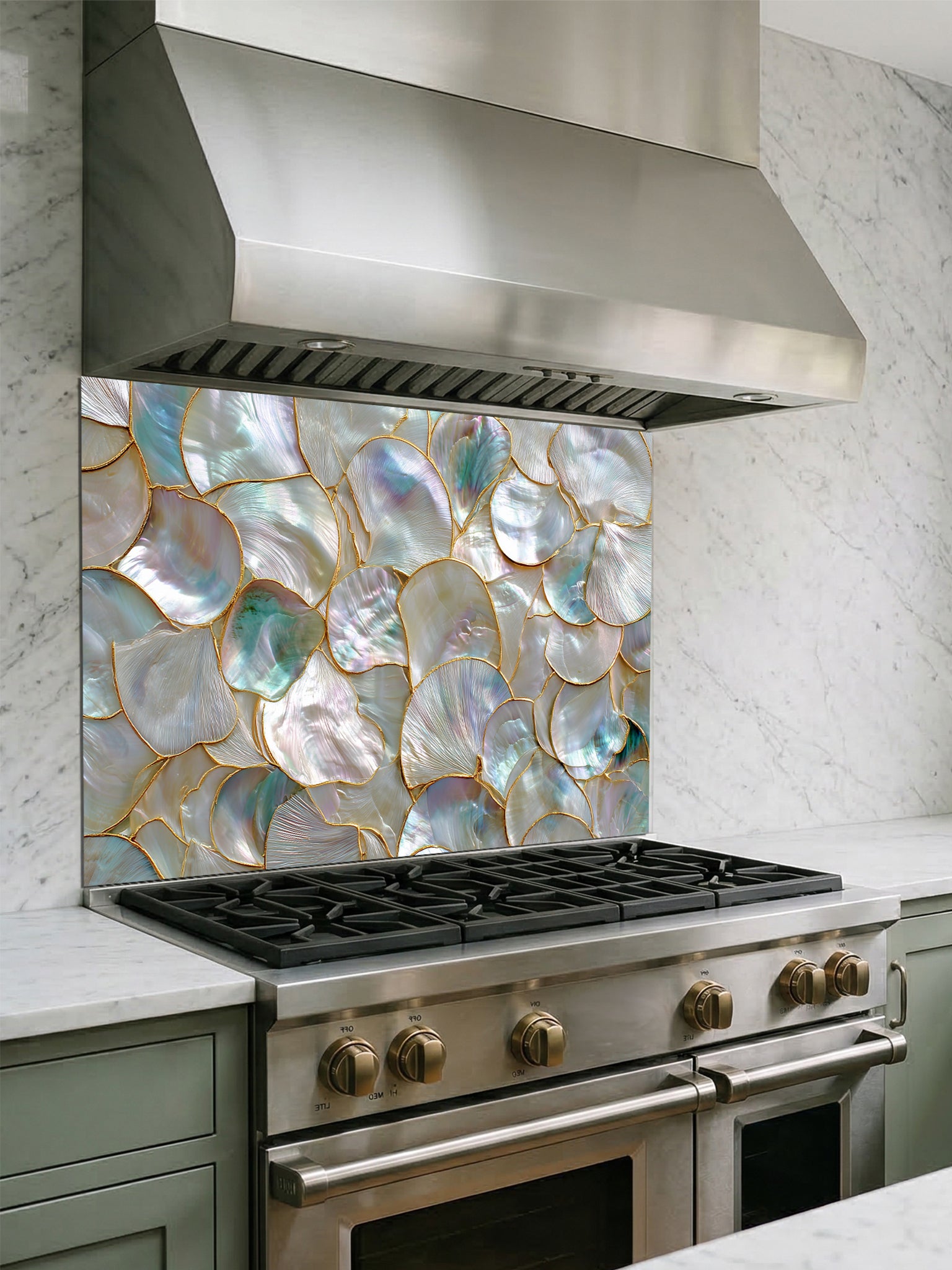 Tempered glass kitchen backsplash featuring a highly realistic 3D faux mosaic design of overlapping mother of pearl and abalone shells with iridescent pastel colors and gold outlines, installed behind a modern stainless steel stove.