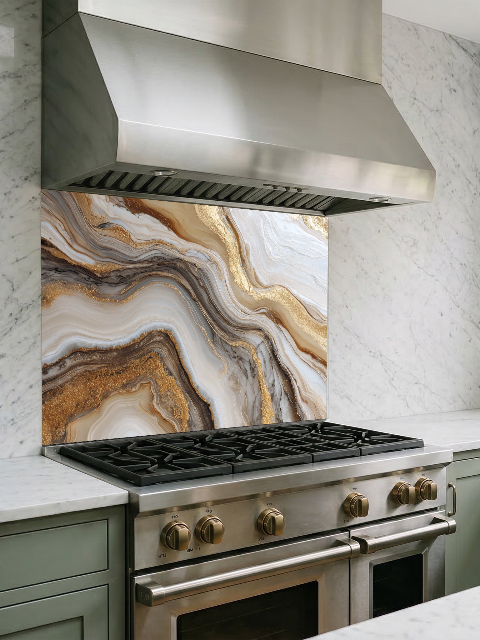 Abstract fluid art pattern mimicking white and brown agate marble with swirling gold leaf veins, UV printed on a smooth tempered glass kitchen backsplash, installed behind a modern stove.