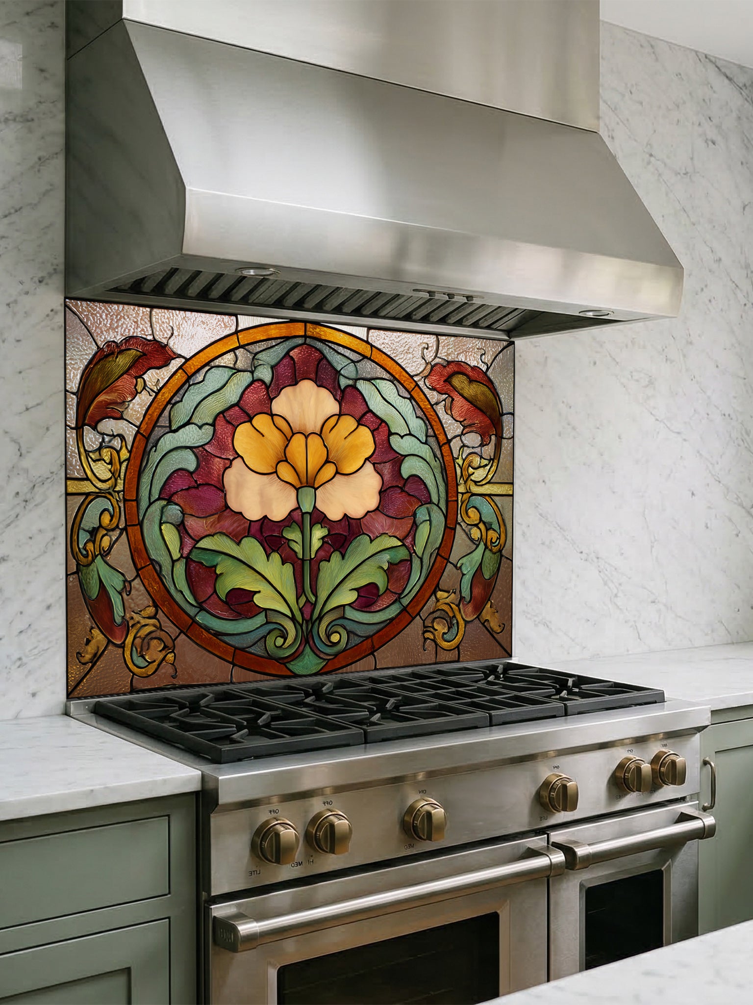 Stained glass style vintage floral medallion in warm amber, burgundy, and green tones, UV printed on a smooth tempered glass kitchen backsplash, installed behind a modern stove.