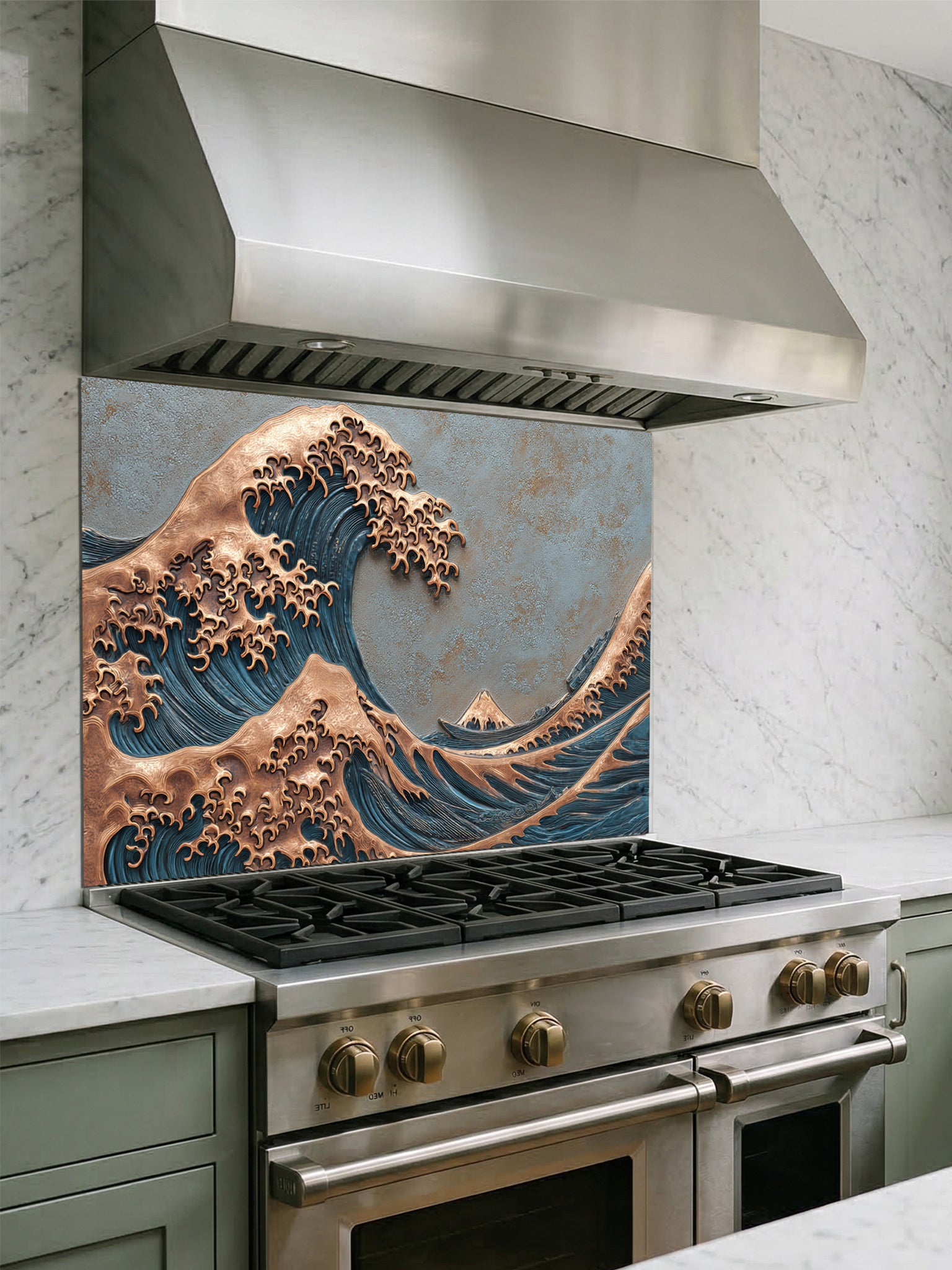 Tempered glass kitchen backsplash featuring a highly realistic 3D faux metal relief design of the Great Wave off Kanagawa, showcasing a striking contrast between deep blue water textures and embossed copper wave crests, installed behind a modern stainless steel stove.