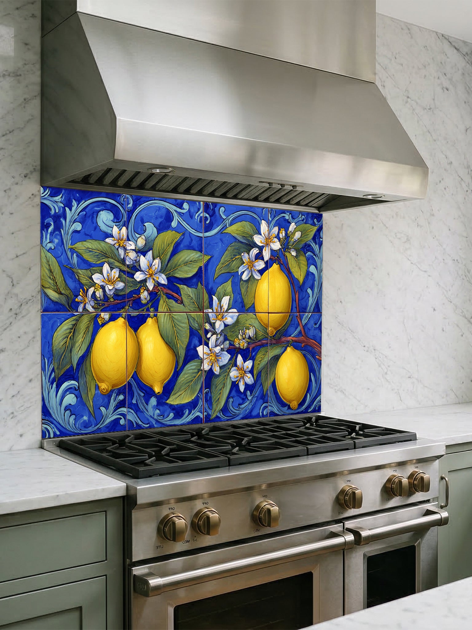 Tempered glass kitchen backsplash featuring a highly realistic illusion of traditional hand-painted Italian Majolica ceramic tiles, showcasing bright yellow lemons, white blossoms, and green leaves against a deep royal blue background with elegant scrollwork, installed behind a modern black stove.