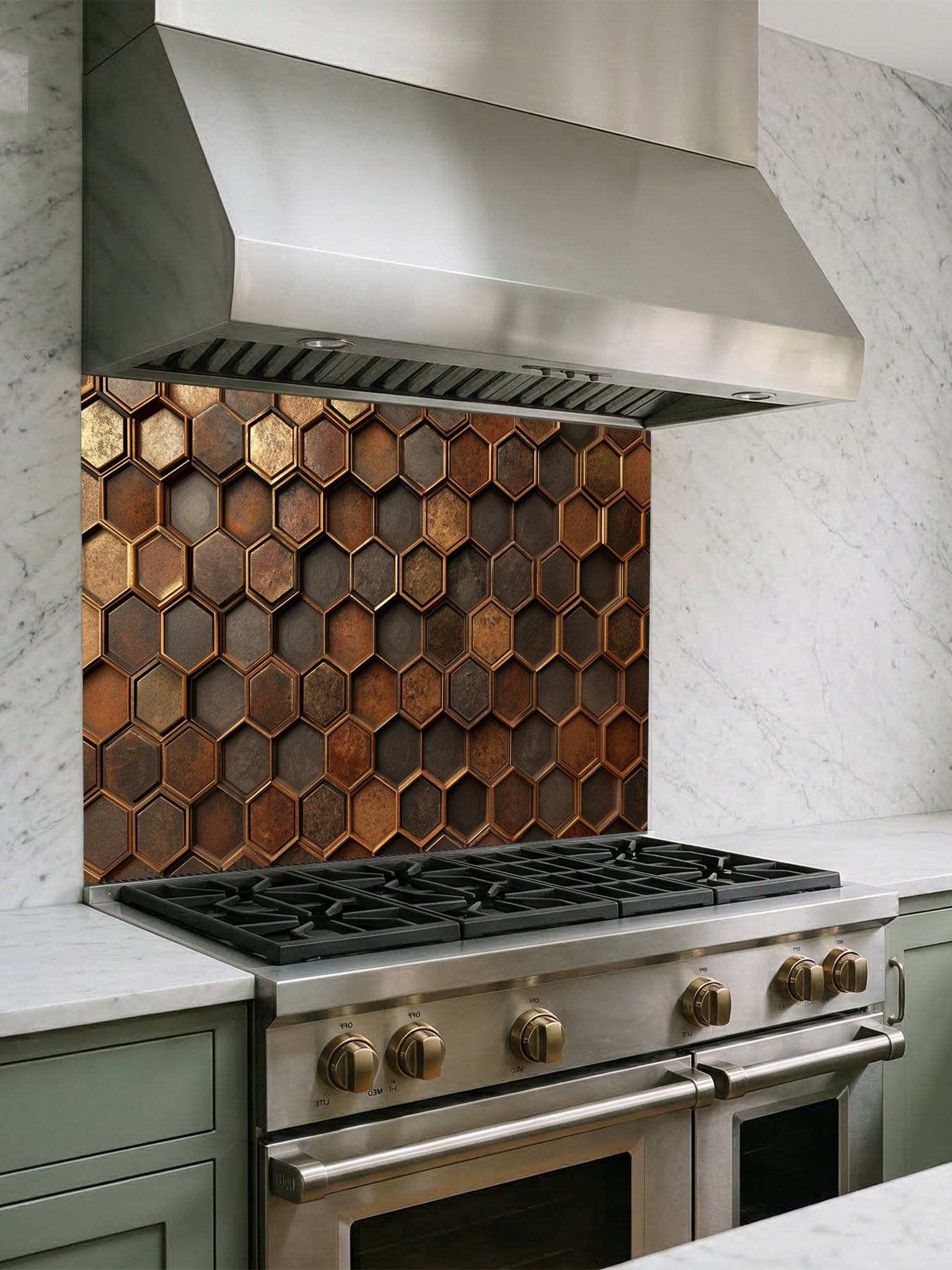 Faux 3D effect weathered and rusted metal hexagon tiles in copper and iron tones, UV printed on a smooth tempered glass kitchen backsplash, installed behind a modern stove.