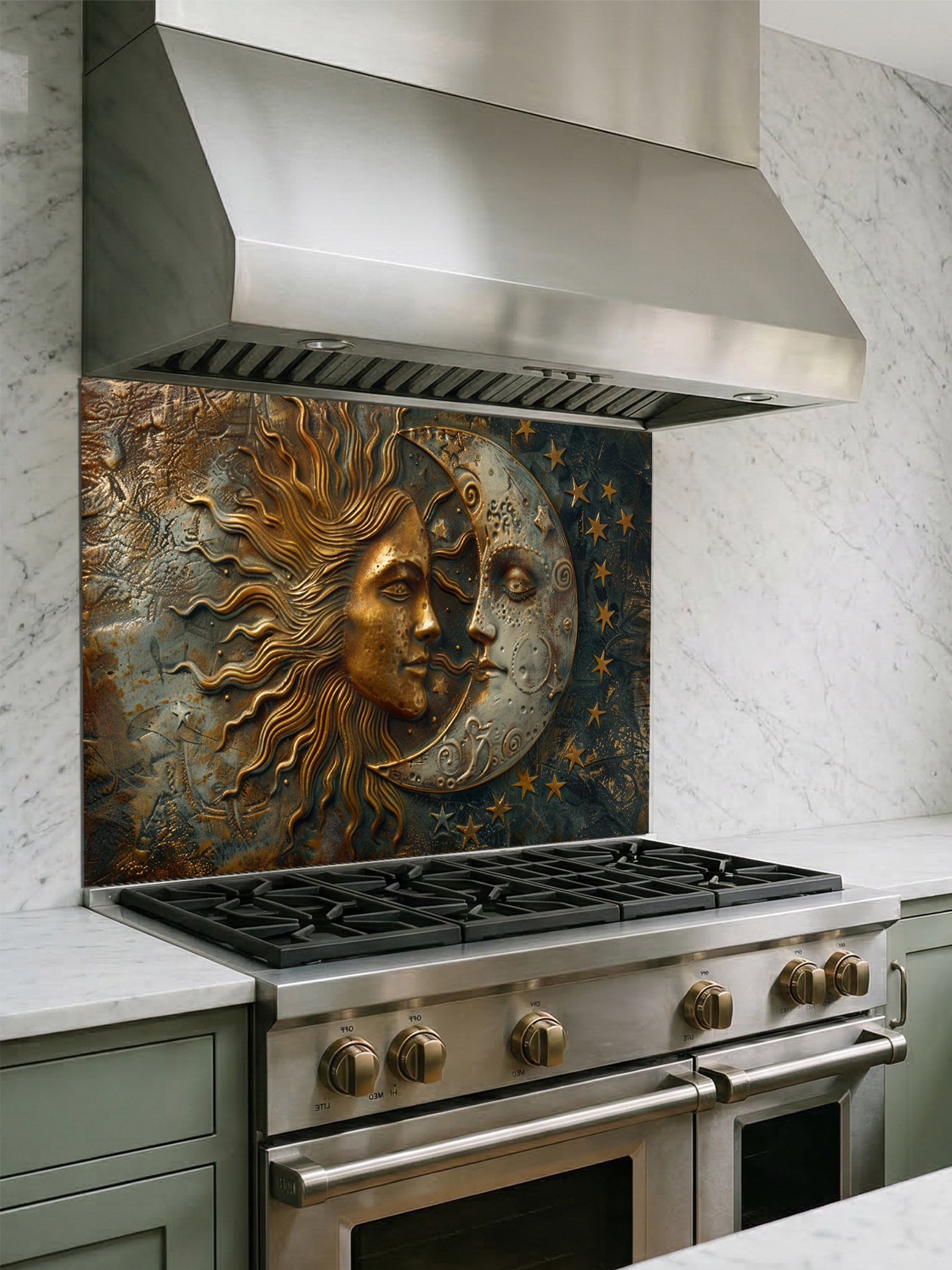 Tempered glass kitchen backsplash featuring a highly realistic 3D faux metal design of a celestial sun and moon with stars in antique bronze, gold, and oxidized silver tones, installed behind a modern stainless steel stove.