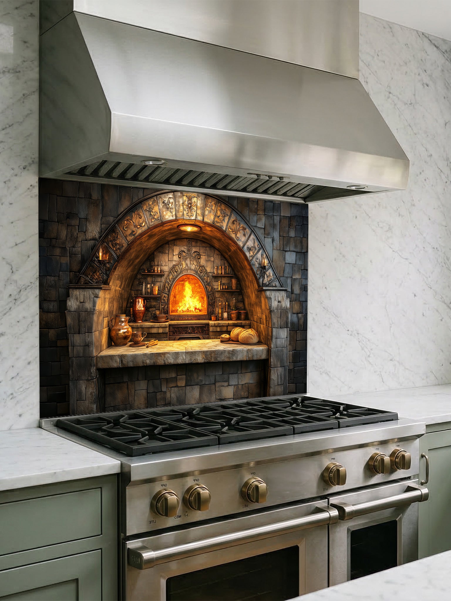 A cozy kitchen featuring a tempered glass backsplash with a highly realistic 3D illusion of a rustic stone oven, glowing fire, and vintage copper cookware, installed behind a modern black stove.