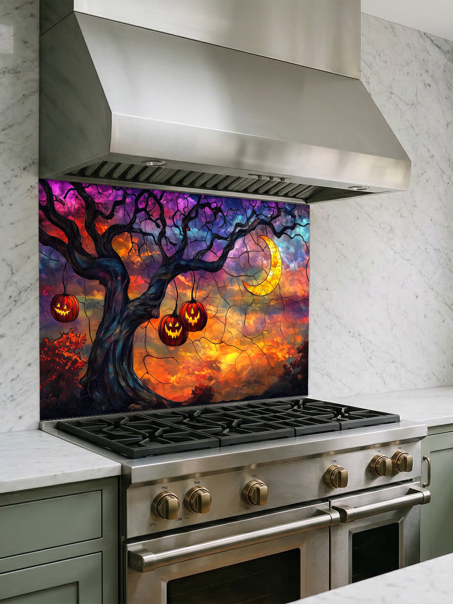 Decorative Halloween-themed glass splashback above a stove in a kitchen.