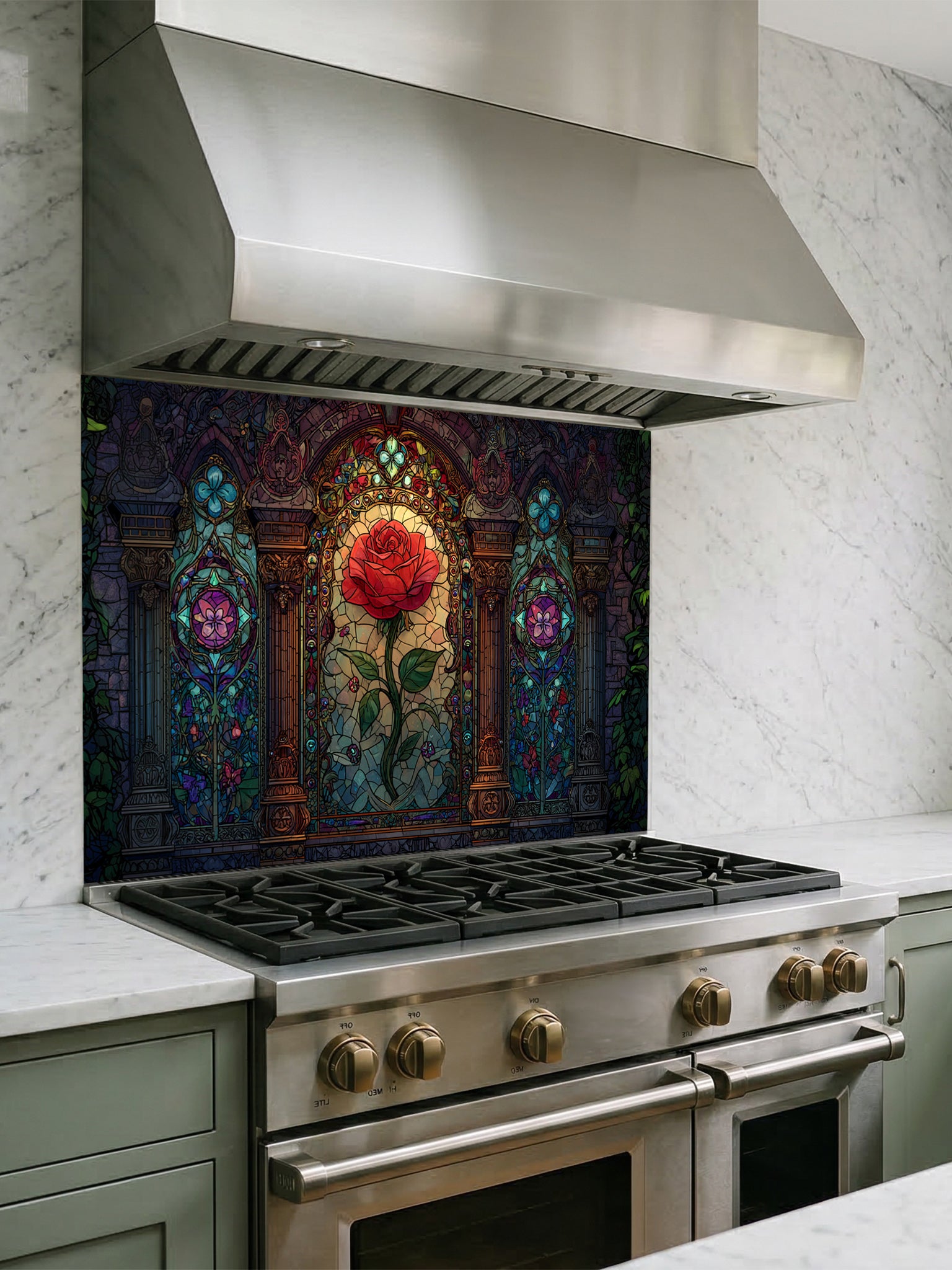 Stained glass style vibrant red rose framed by Gothic architectural arches in rich jewel tones, UV printed on a smooth tempered glass kitchen backsplash, installed behind a modern stove.