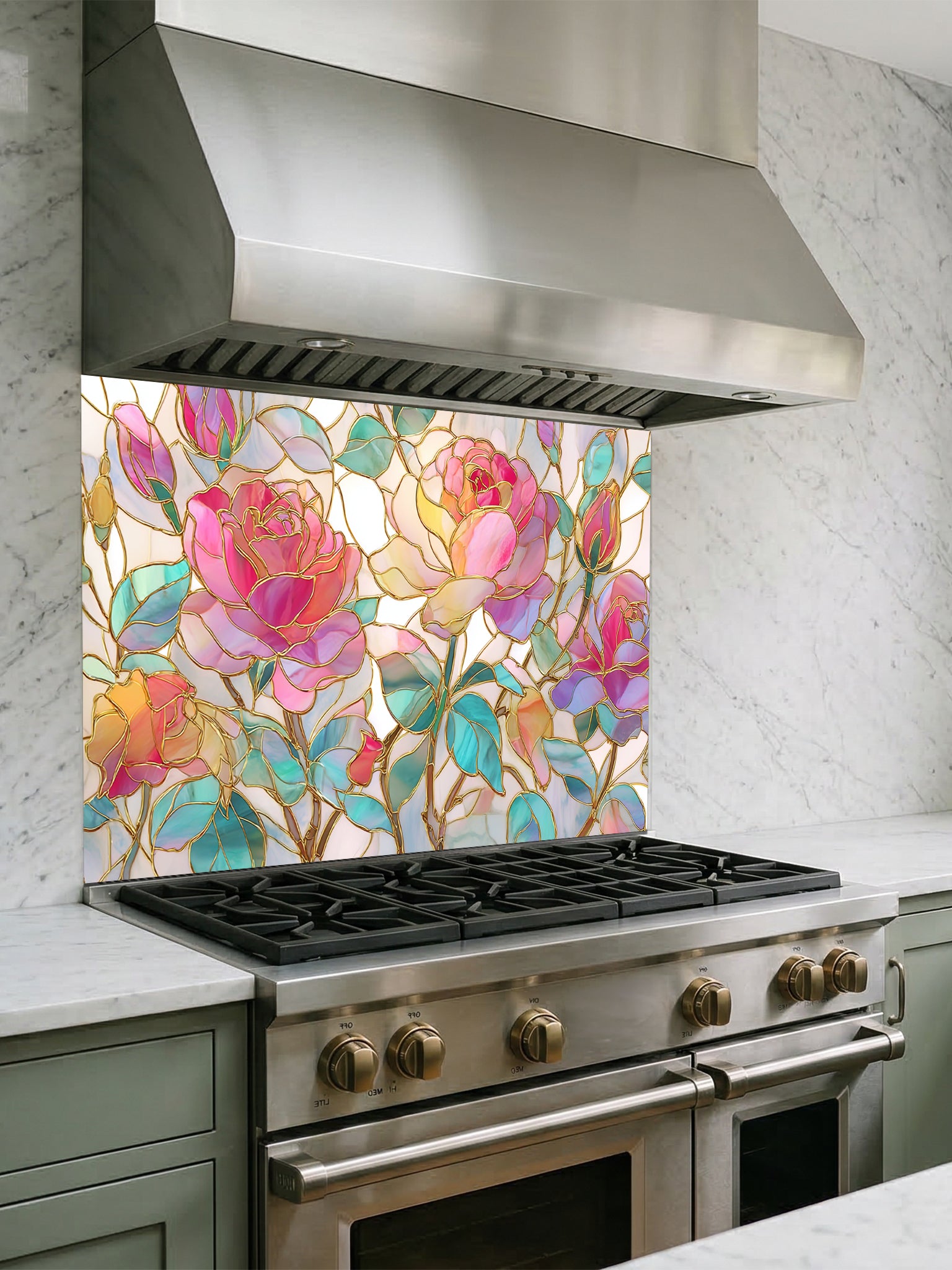 Tempered glass kitchen backsplash featuring a highly realistic 3D illusion of stained glass art showing large, elegant blooming pink and magenta roses with teal and green leaves, beautifully outlined in faux gold, installed behind a modern black stove.