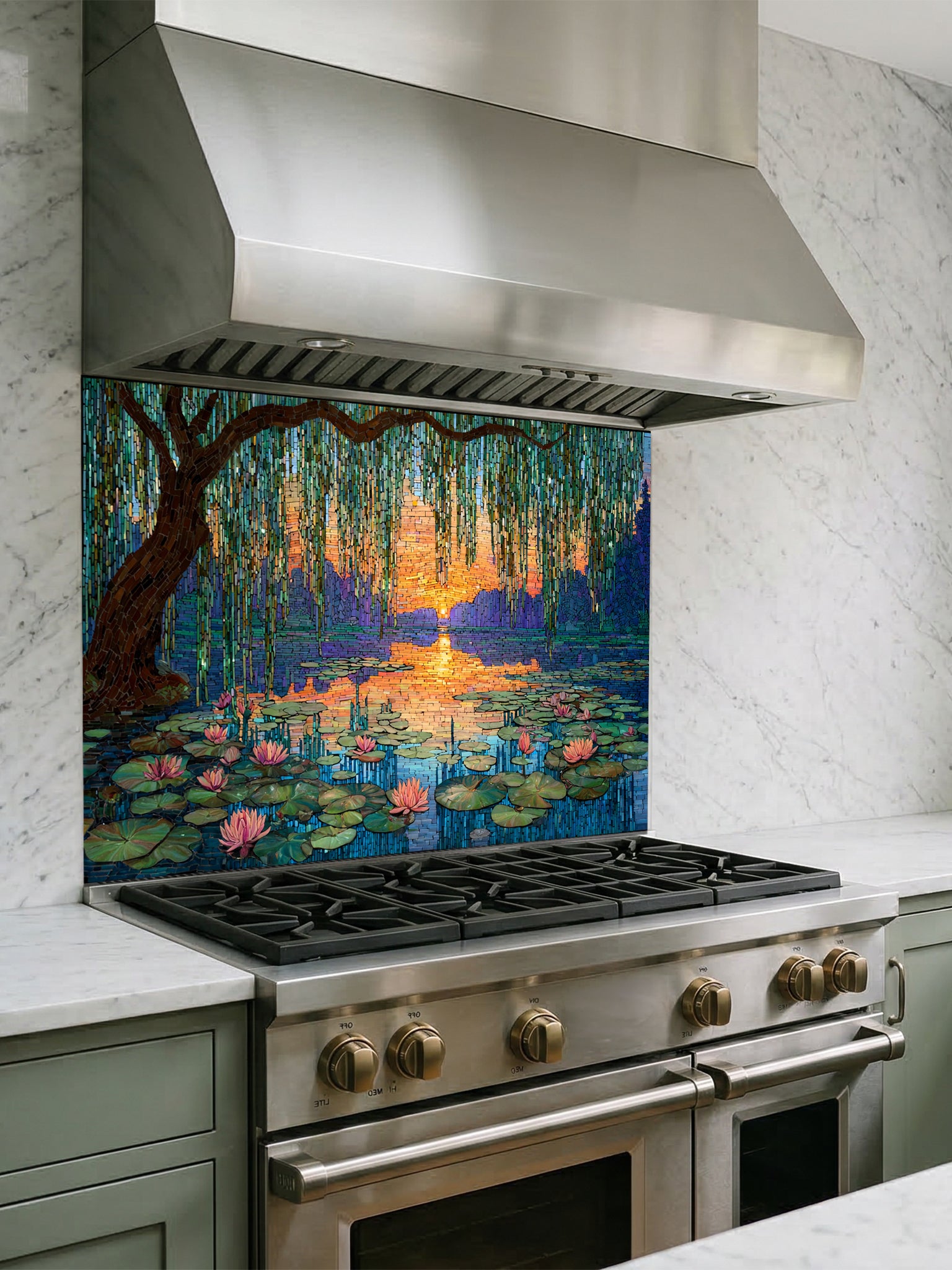 Tempered glass kitchen backsplash featuring a highly realistic 3D illusion of intricate mosaic tile art showing a majestic weeping willow tree and blooming pink water lilies on a tranquil lake during a vibrant golden and purple sunset, installed behind a modern black stove.