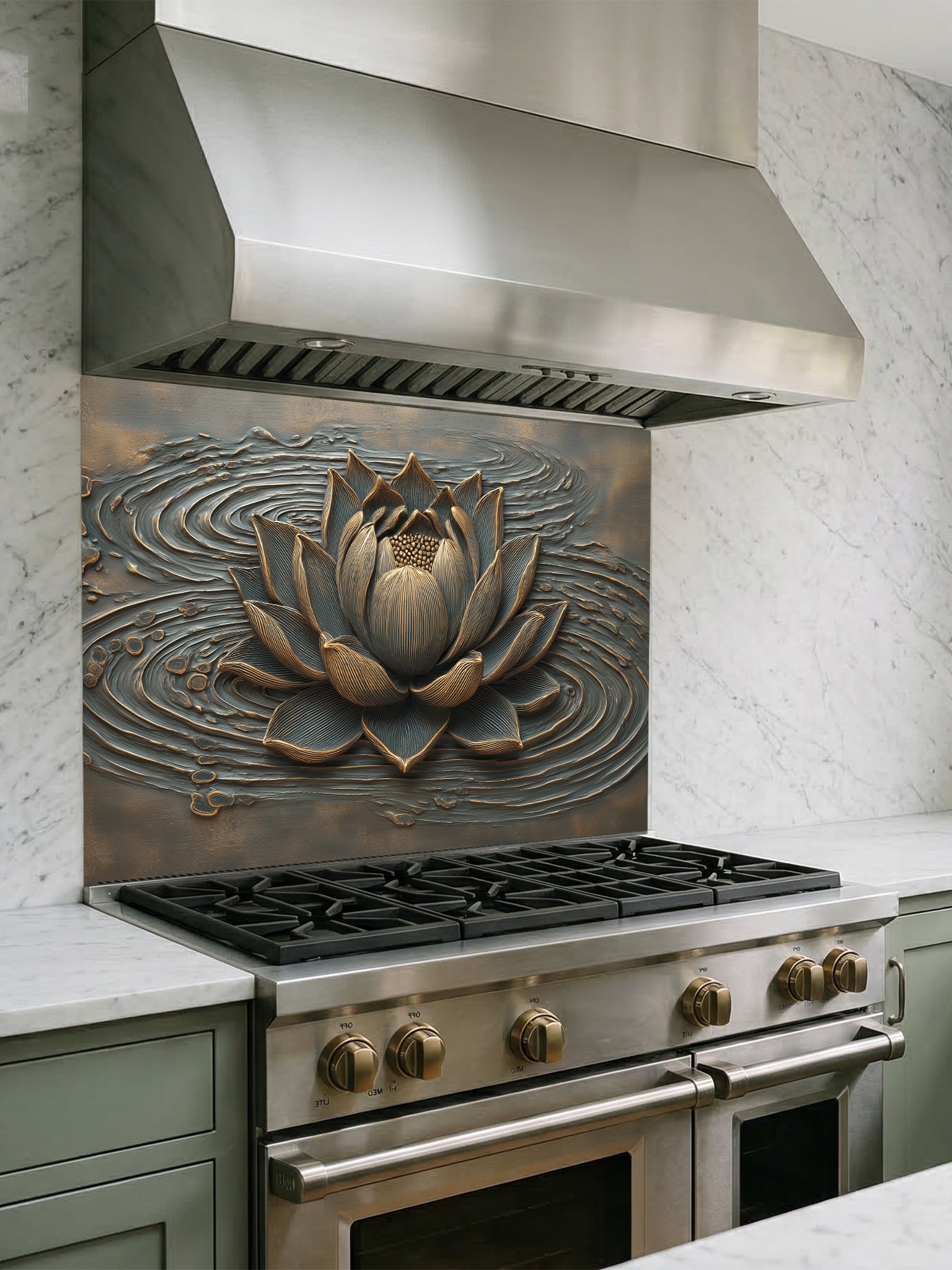 Faux 3D sculpted relief of a lotus flower with bronze highlights and rippling water waves on a dark background, UV printed on a smooth tempered glass kitchen backsplash.