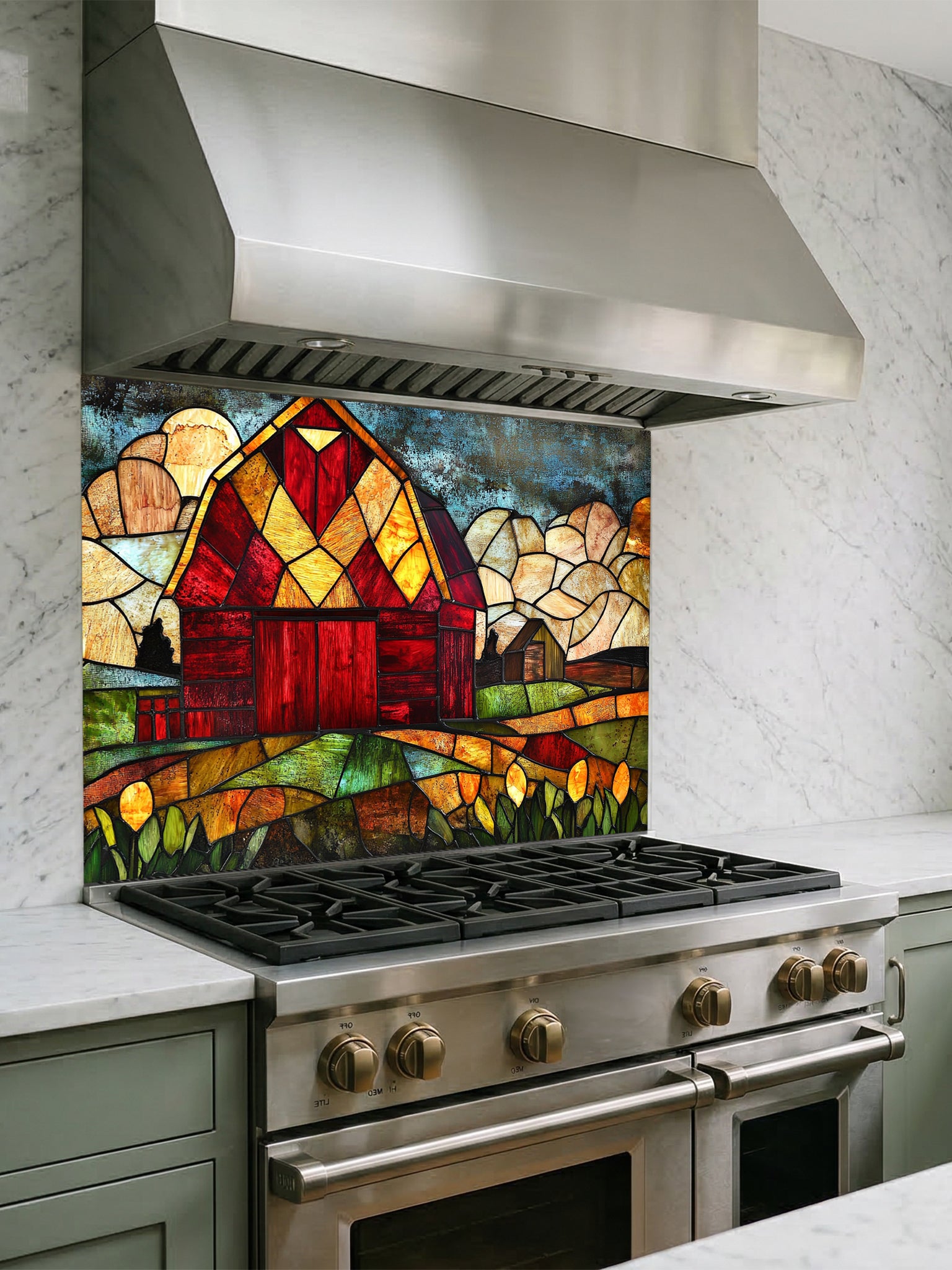 Tempered glass kitchen backsplash featuring a highly realistic 3D illusion of stained glass art showing a classic rustic red barn set in a vibrant farm landscape with golden fields under a cloudy blue sky, installed behind a modern black stove.