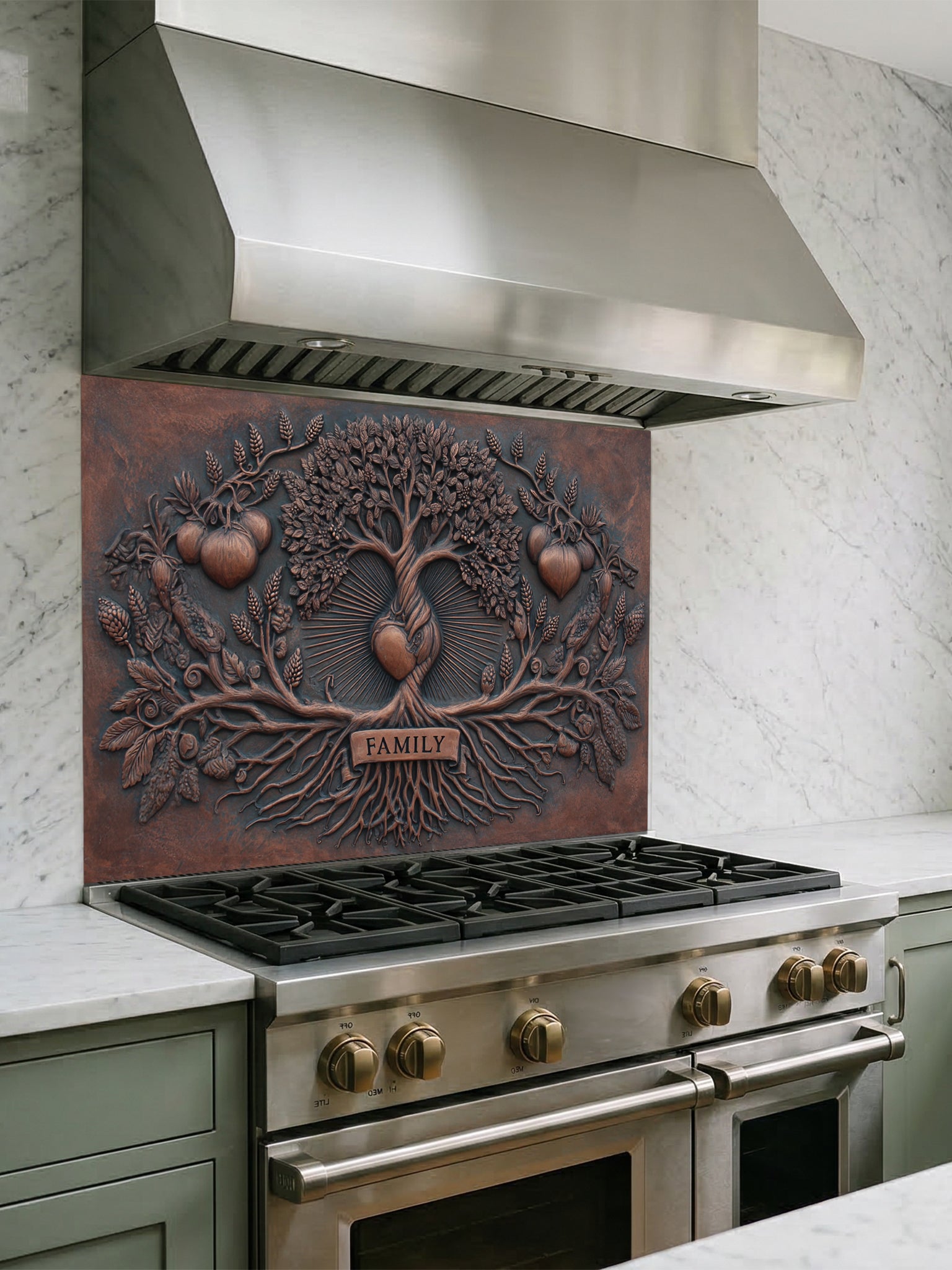 Faux 3D sculpted iron and copper relief of a family tree with a central radiating heart and a single 'FAMILY' banner over the roots, UV printed on a smooth tempered glass kitchen backsplash.
