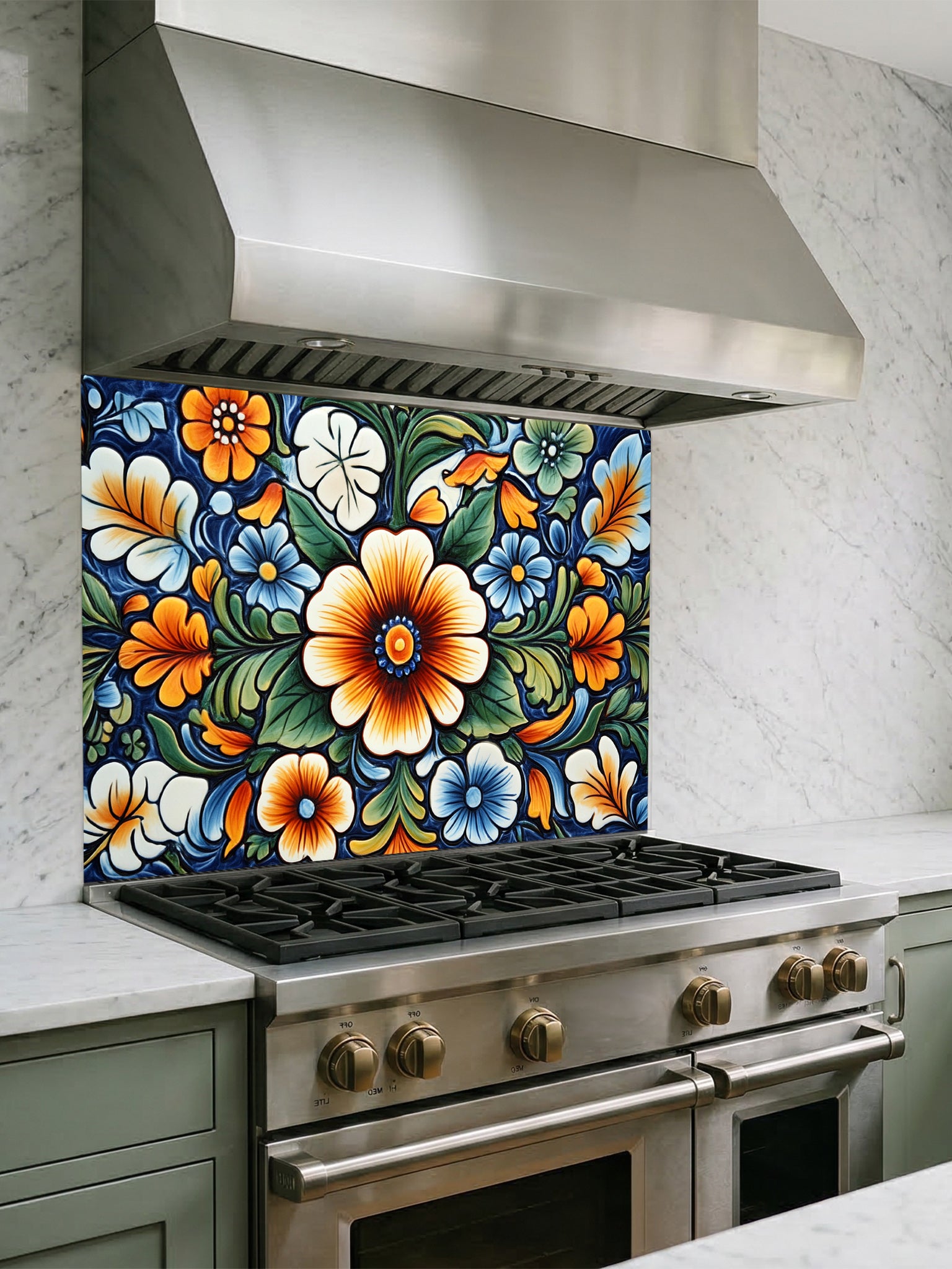 Vibrant Mexican Talavera style floral pattern in blue, orange, and green, UV printed on a smooth tempered glass kitchen backsplash, installed behind a modern stove.