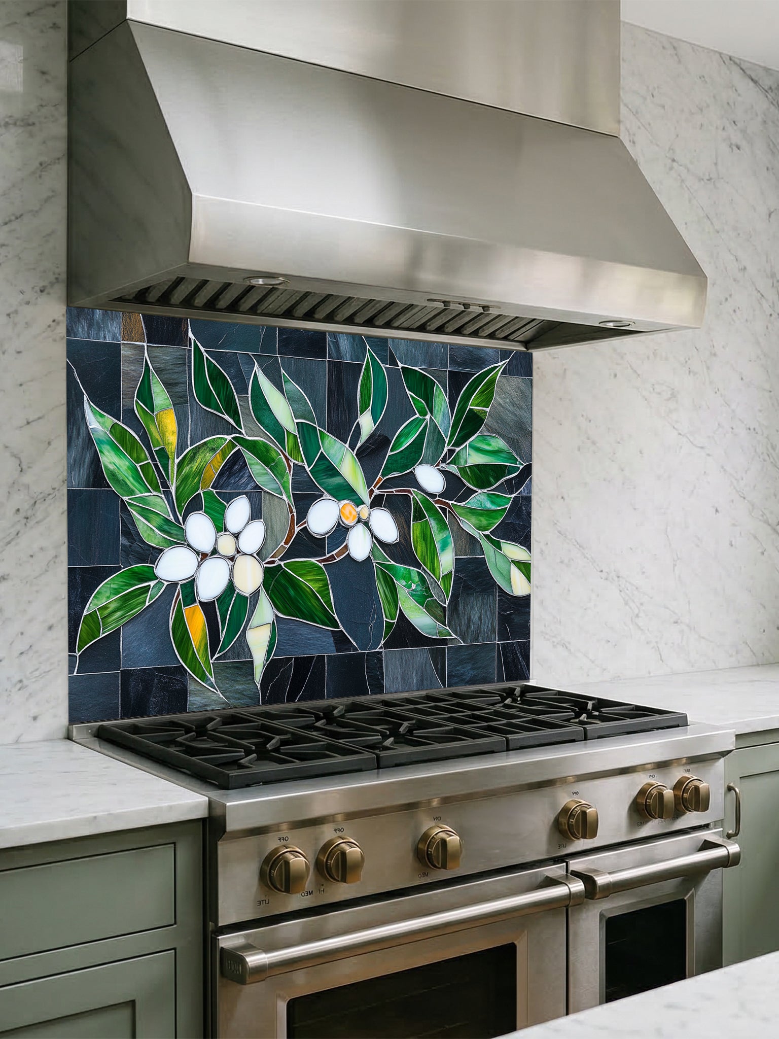 Tempered glass kitchen backsplash featuring a highly realistic 3D illusion of stained glass white blossoms and emerald green leaves integrated into a background of dark charcoal grey textured slate tiles, installed behind a modern black stove.
