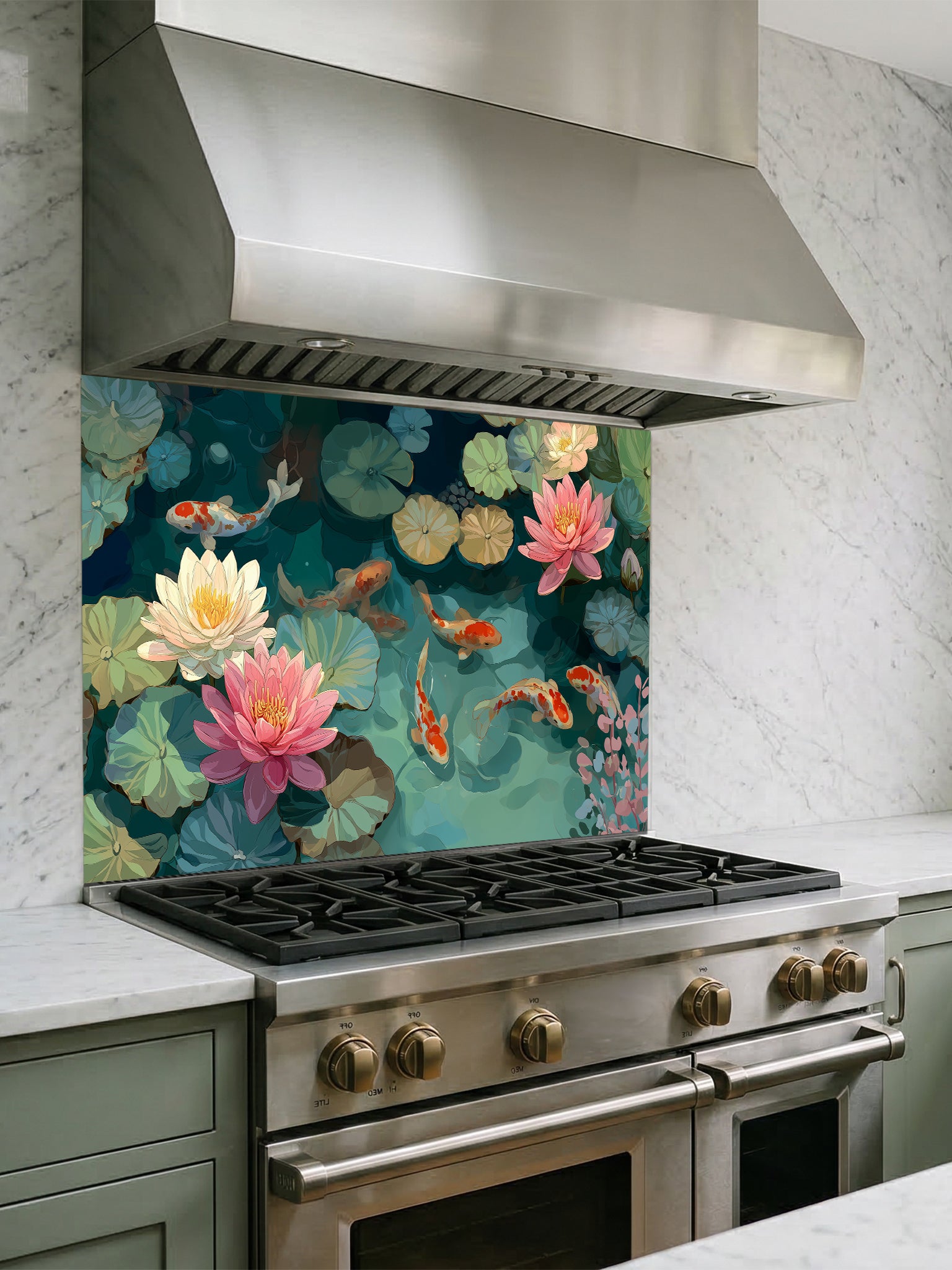 Serene illustration of orange koi fish swimming among pink lotus flowers and green lily pads, UV printed on a smooth tempered glass kitchen backsplash, installed behind a modern stove.