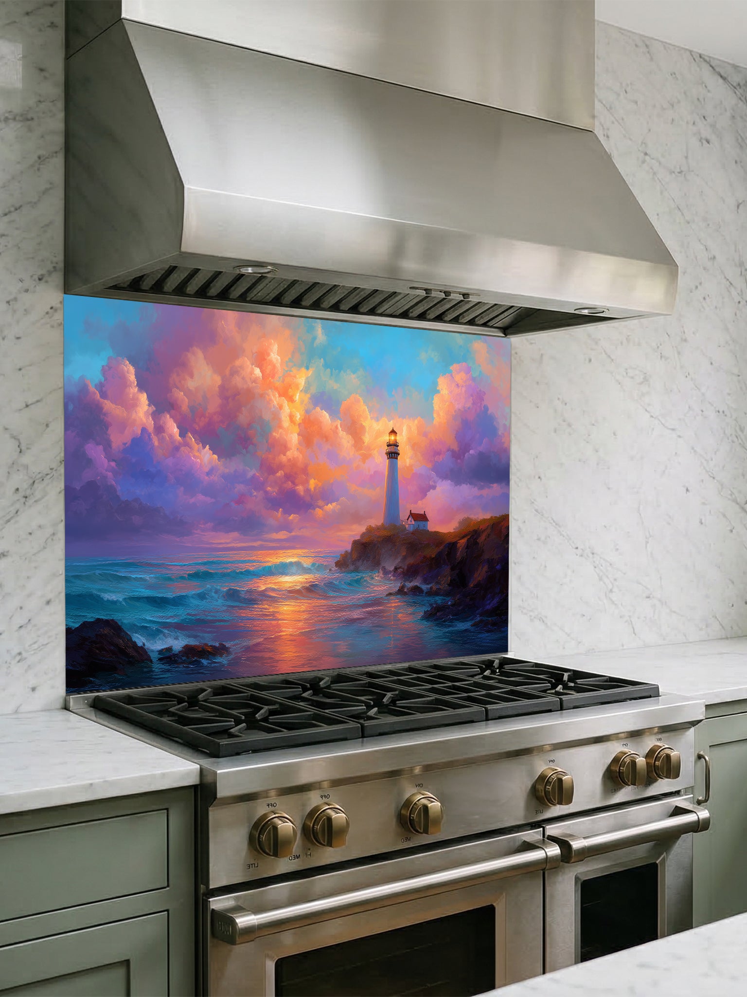 Painting style landscape of a classic lighthouse on a rocky cliff overlooking ocean waves under a colorful sunset sky, UV printed on a smooth tempered glass kitchen backsplash.