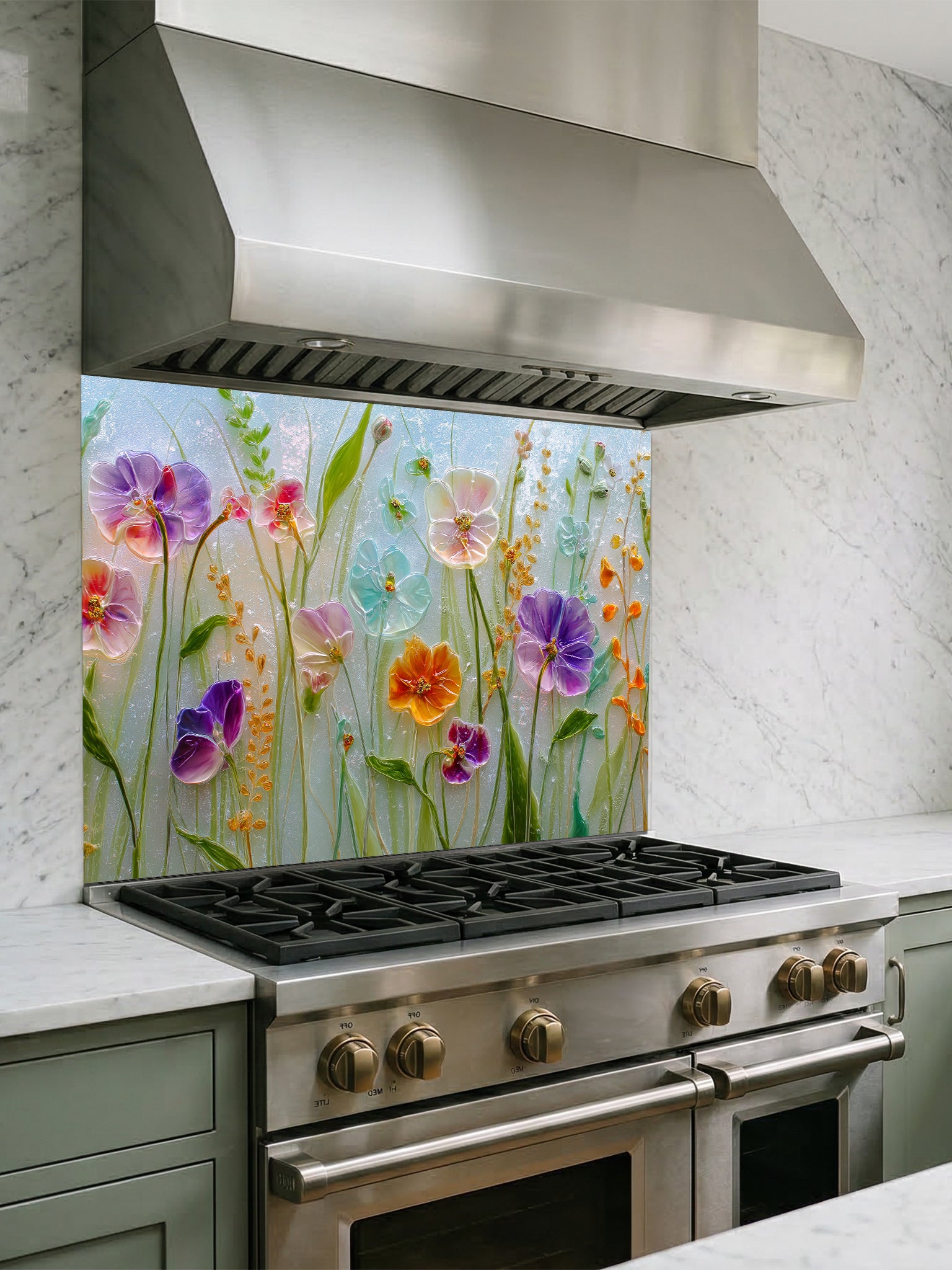 Faux 3D effect glossy glass art wildflowers including pansies in vibrant purple, pink, yellow, and blue, UV printed on a smooth tempered glass kitchen backsplash.