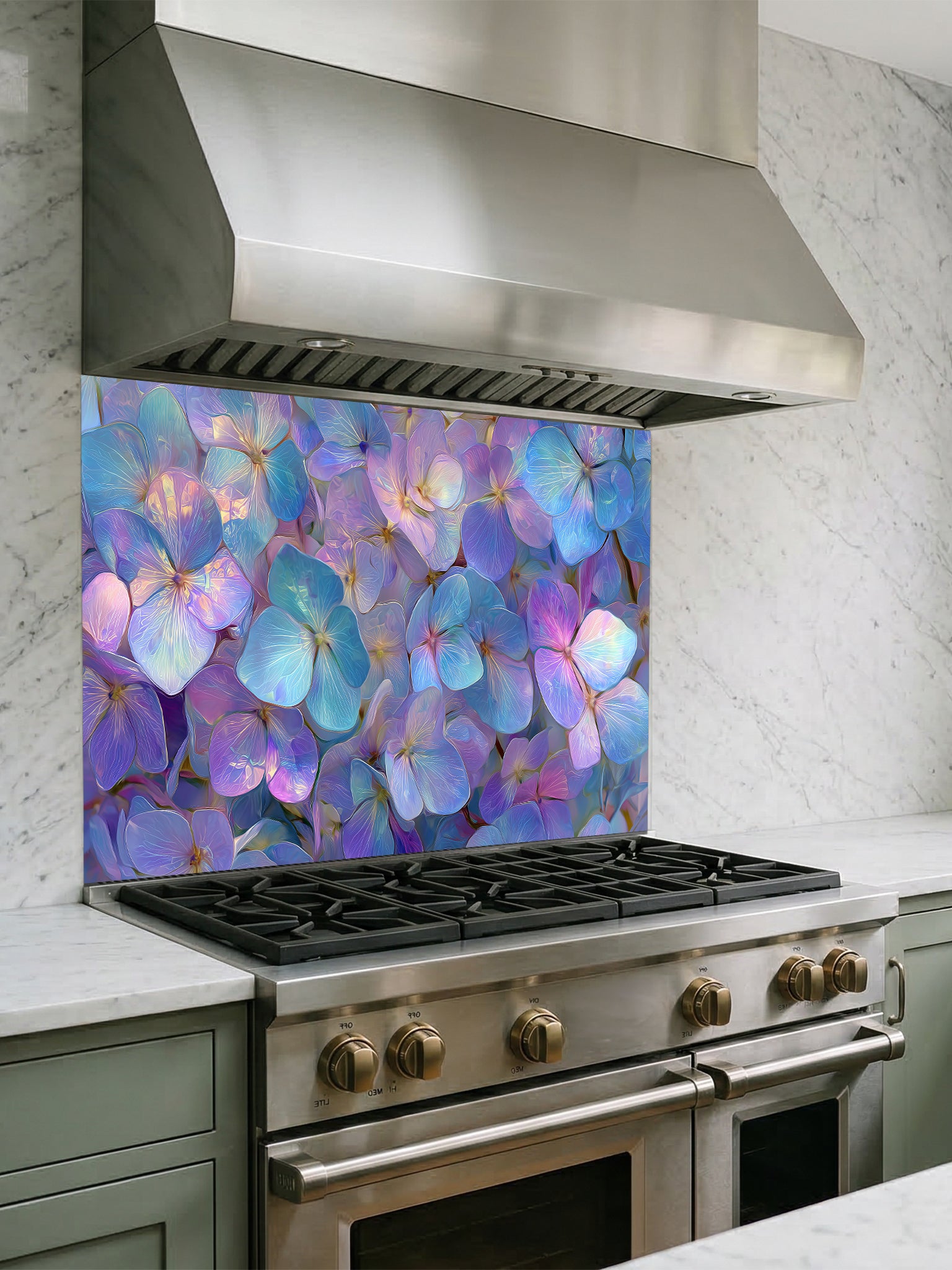 Ethereal iridescent floral pattern featuring glowing purple, blue, and pink flower petals, UV printed on a smooth tempered glass kitchen backsplash, installed behind a modern stove.