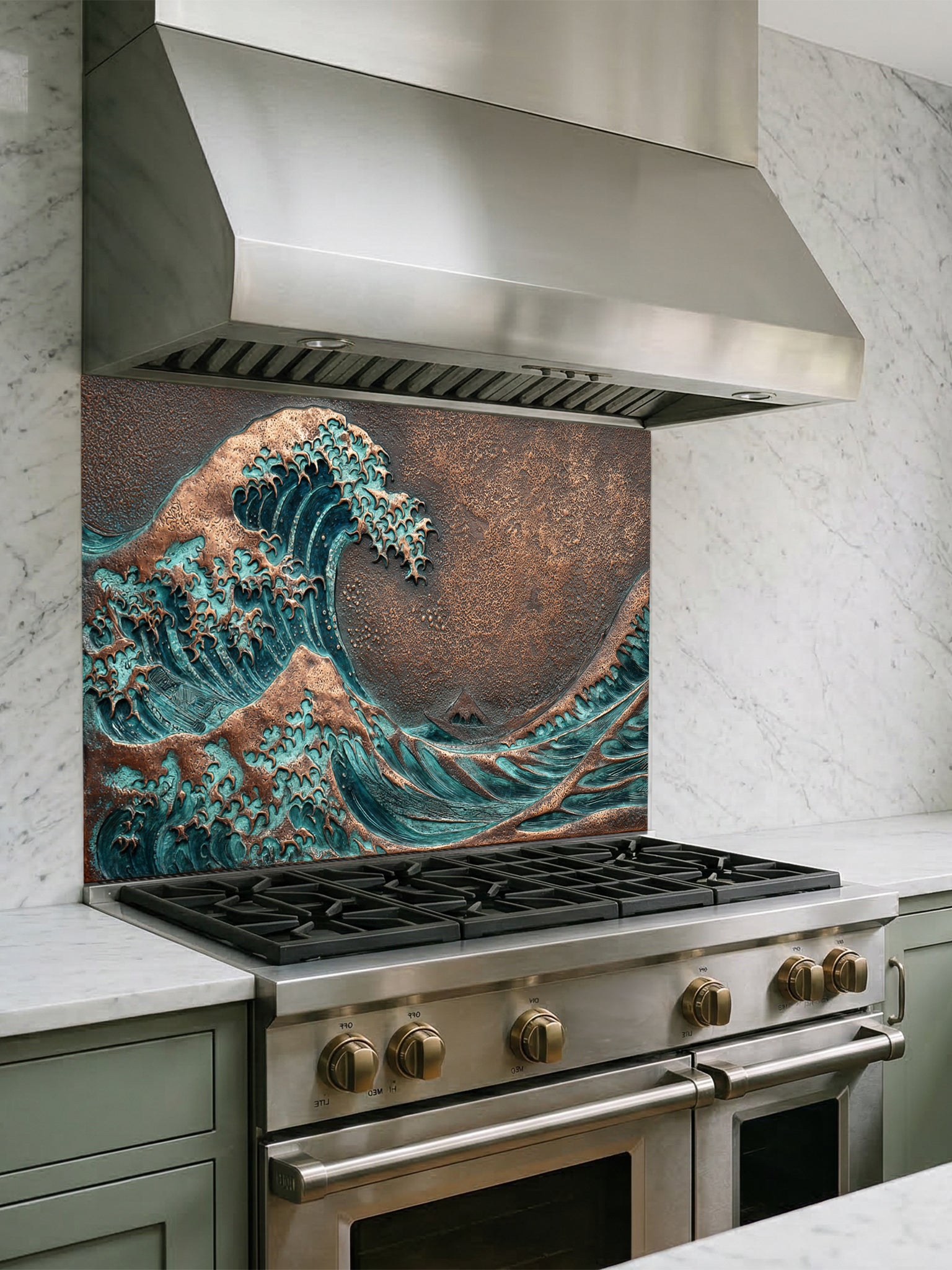 Faux 3D sculpted oxidized copper and bronze relief of the Great Wave off Kanagawa, featuring rich teal patina, UV printed on a smooth tempered glass kitchen backsplash.