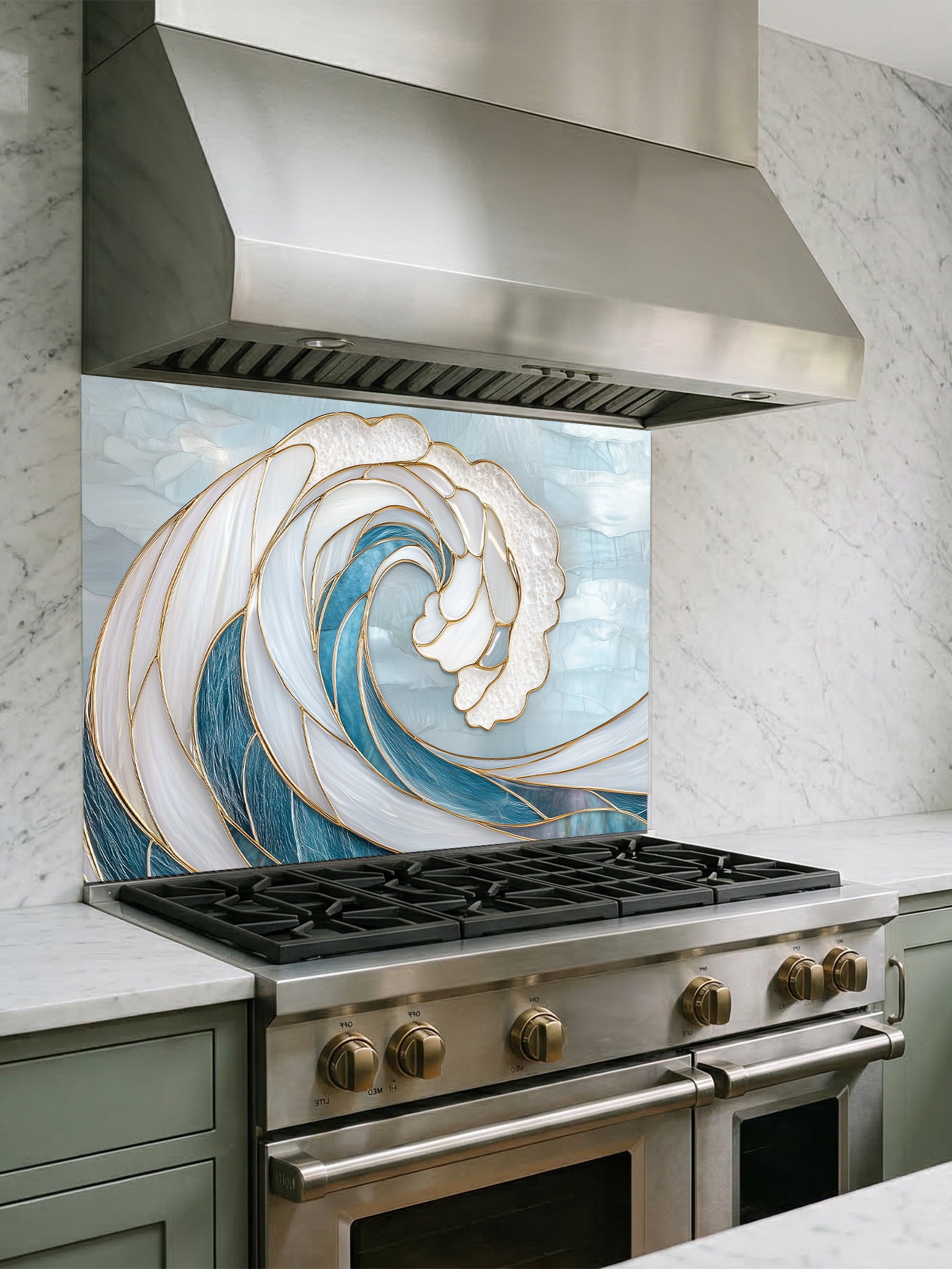 Stainless steel stove with decorative glass splashback featuring a wave design in a kitchen setting.