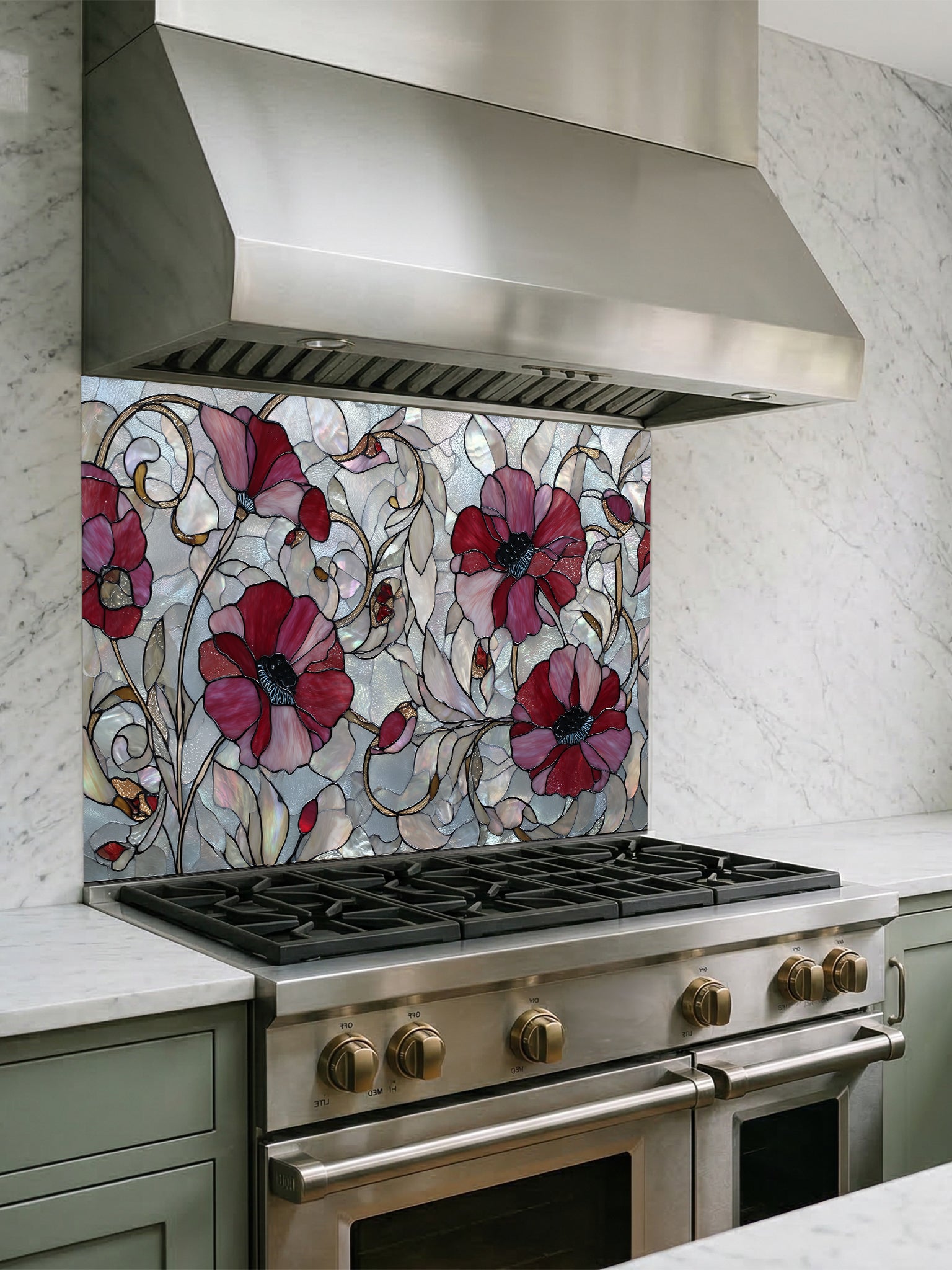 Faux stained glass pattern featuring deep crimson red poppy flowers and swirling vines against an iridescent mother-of-pearl mosaic background, UV printed on a smooth tempered glass kitchen backsplash.