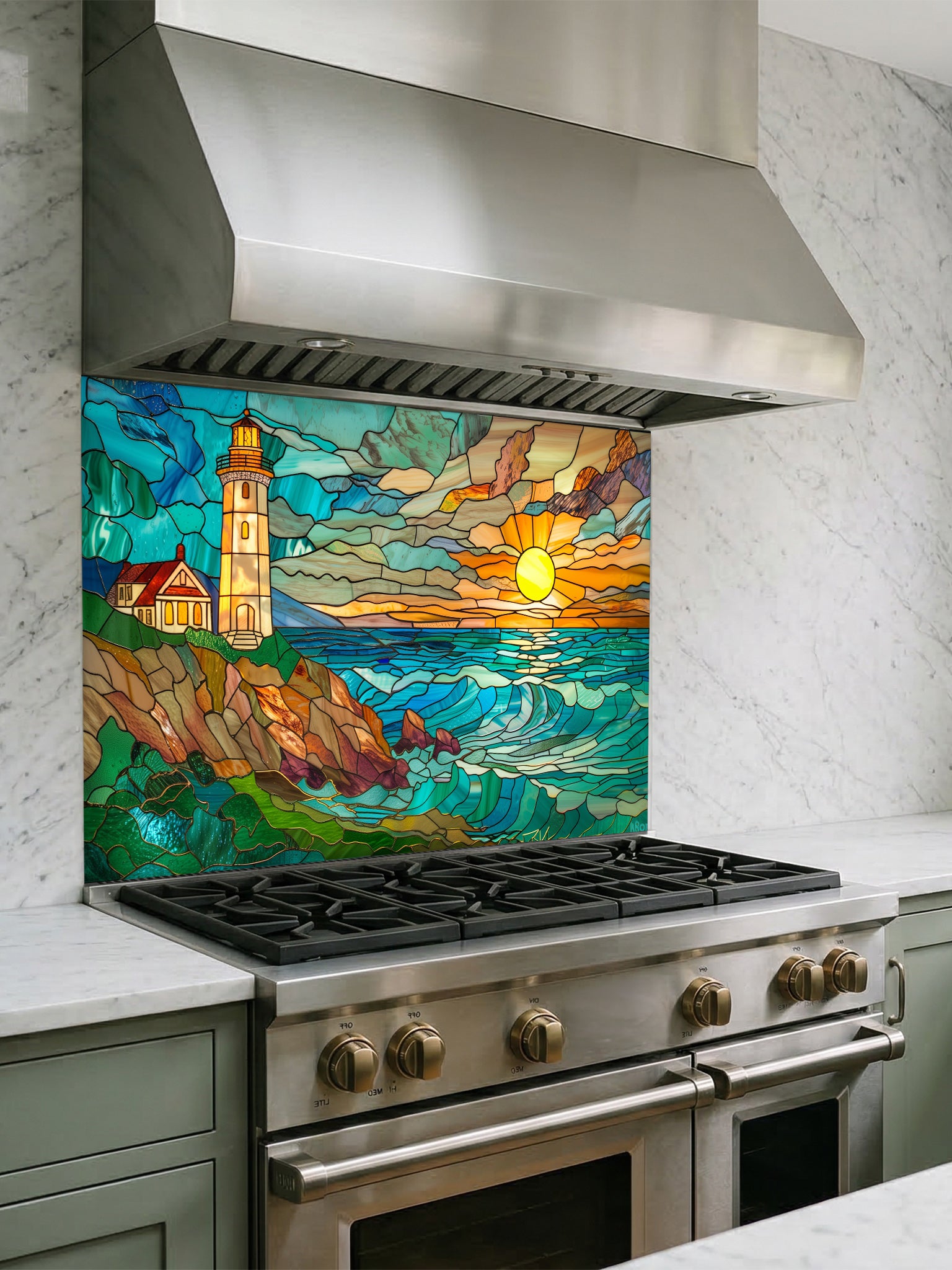 Stained glass style coastal landscape with a lighthouse on a rocky cliff and a vibrant ocean sunset, UV printed on a smooth tempered glass kitchen backsplash, installed behind a modern stove.