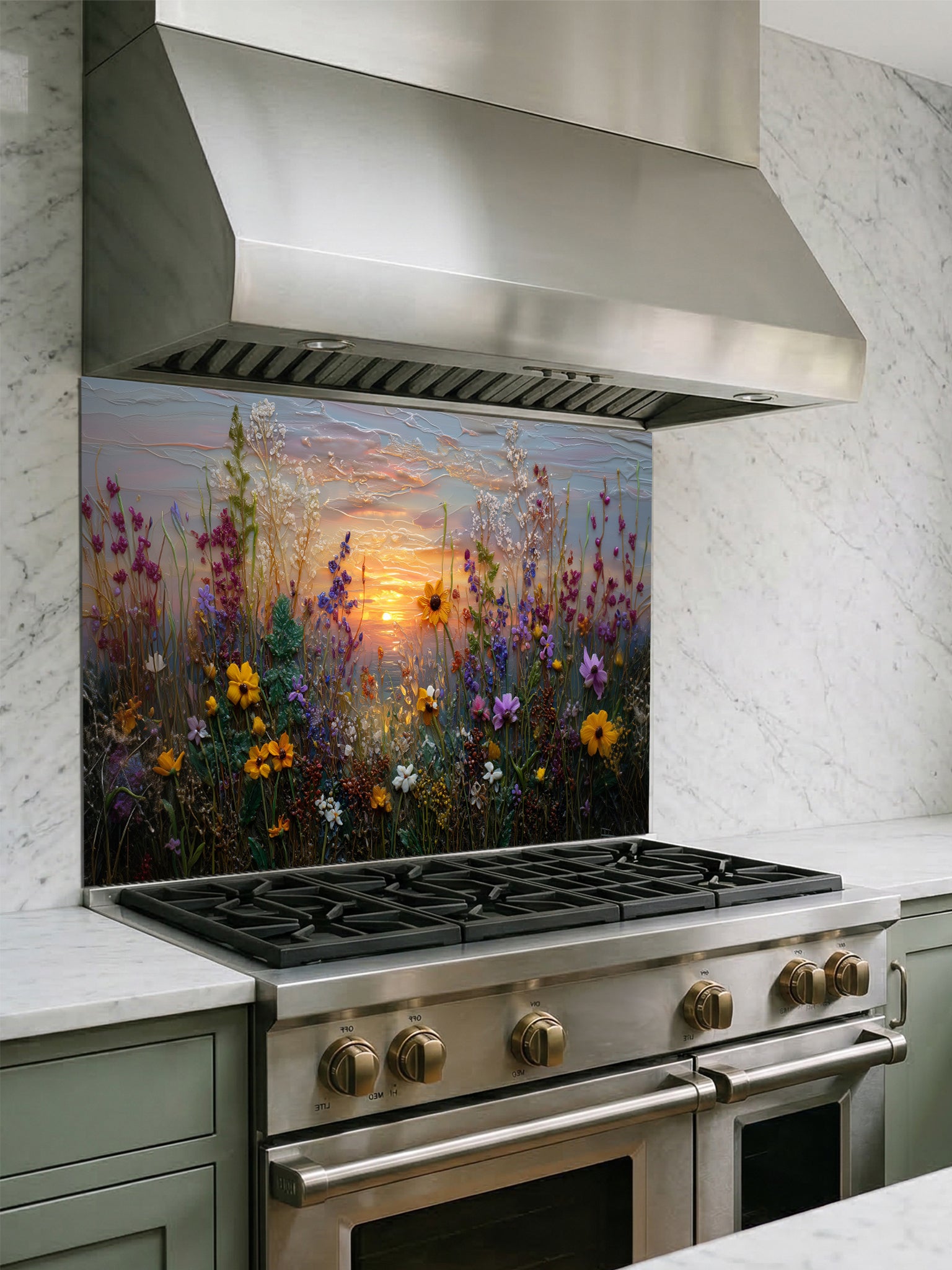 Tempered glass kitchen backsplash featuring a highly realistic 3D illusion of an impasto oil painting showing a vibrant wildflower meadow against a soft pastel sunset sky, installed behind a modern stainless steel stove.