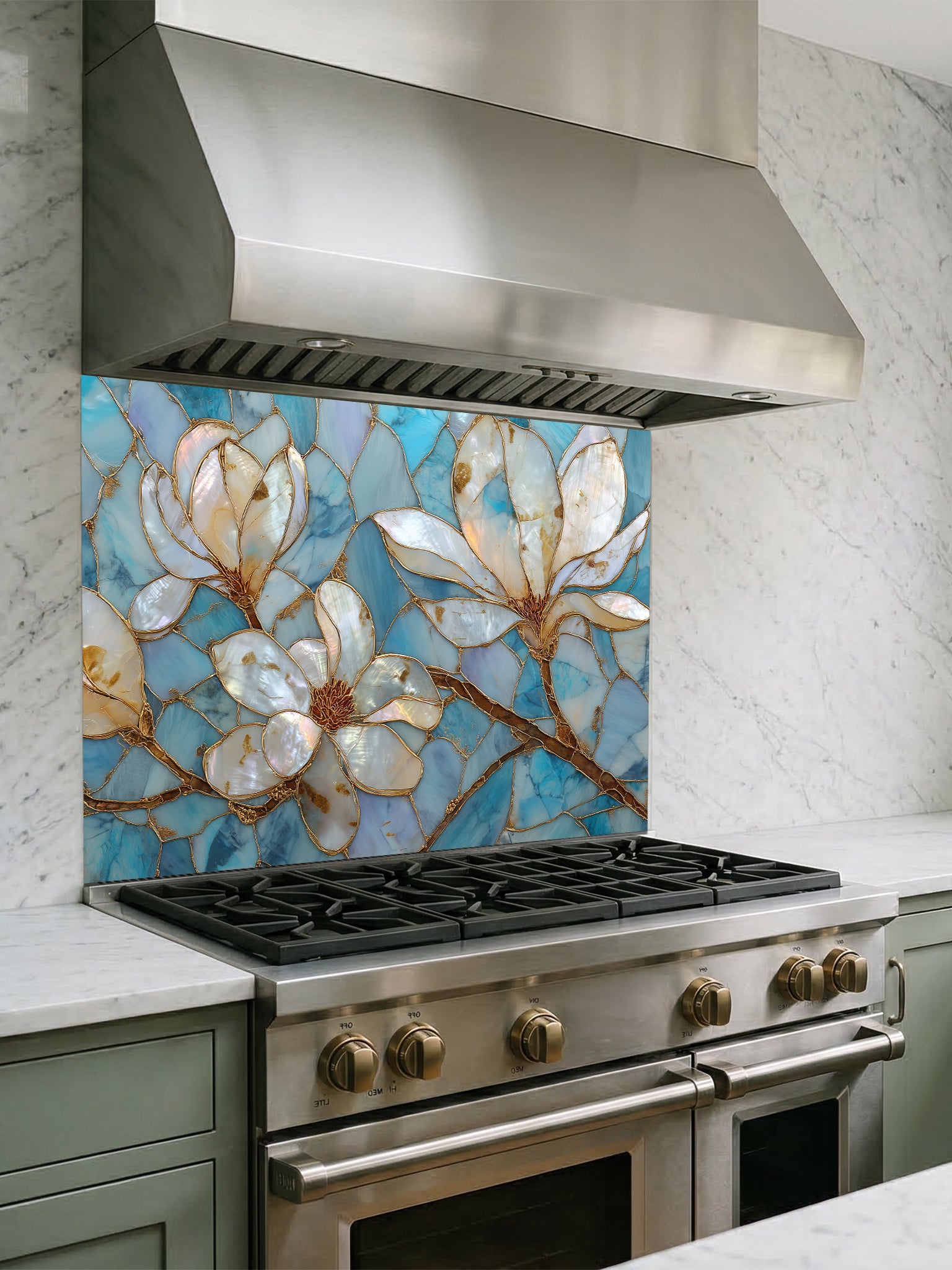 Stained glass style white magnolia flowers with gold veining on a beautiful cracked blue agate background, UV printed on a smooth tempered glass kitchen backsplash, installed behind a modern stove.
