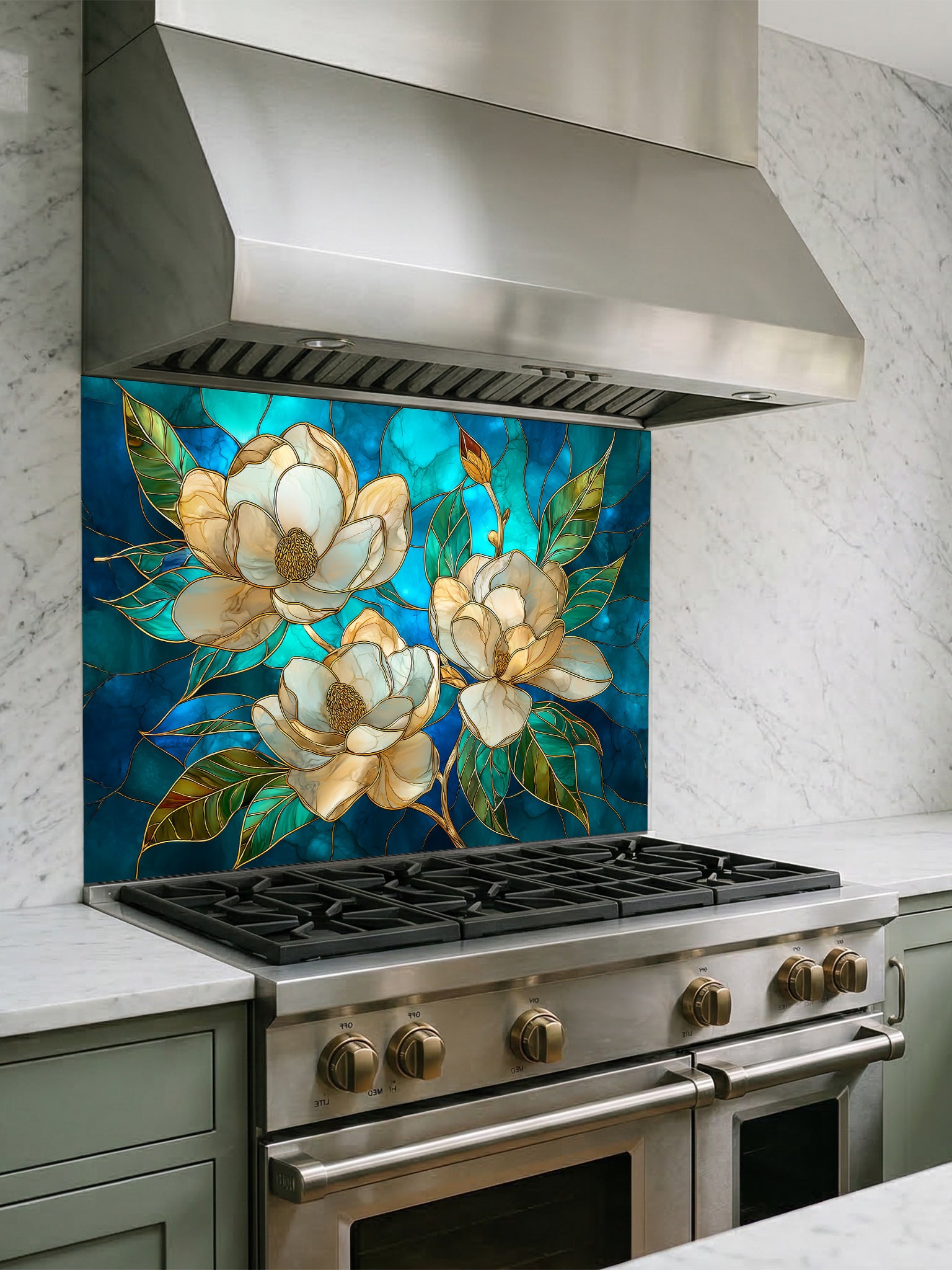 Tempered glass kitchen backsplash featuring a highly realistic 3D illusion of stained glass art showing elegant white magnolia blossoms with gold outlines against a swirling deep blue and teal background, installed behind a modern stainless steel stove.