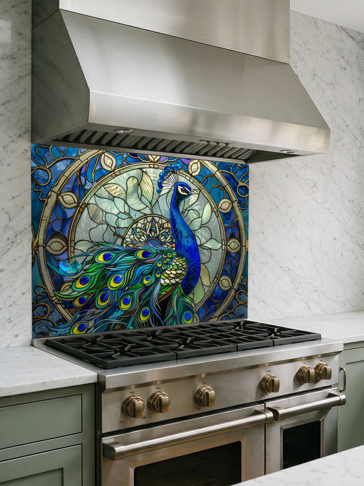 Tempered glass kitchen backsplash featuring a highly realistic 3D illusion of Art Nouveau stained glass showing a majestic royal blue peacock against an intricate circular mandala background with gold outlines, installed behind a modern stainless steel stove.