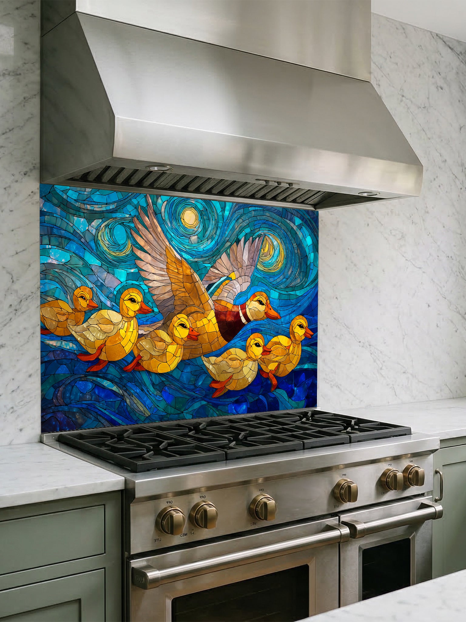 Stained glass style family of ducks flying and swimming in a swirling blue starry night sky, UV printed on a smooth tempered glass kitchen backsplash, installed behind a modern stove.