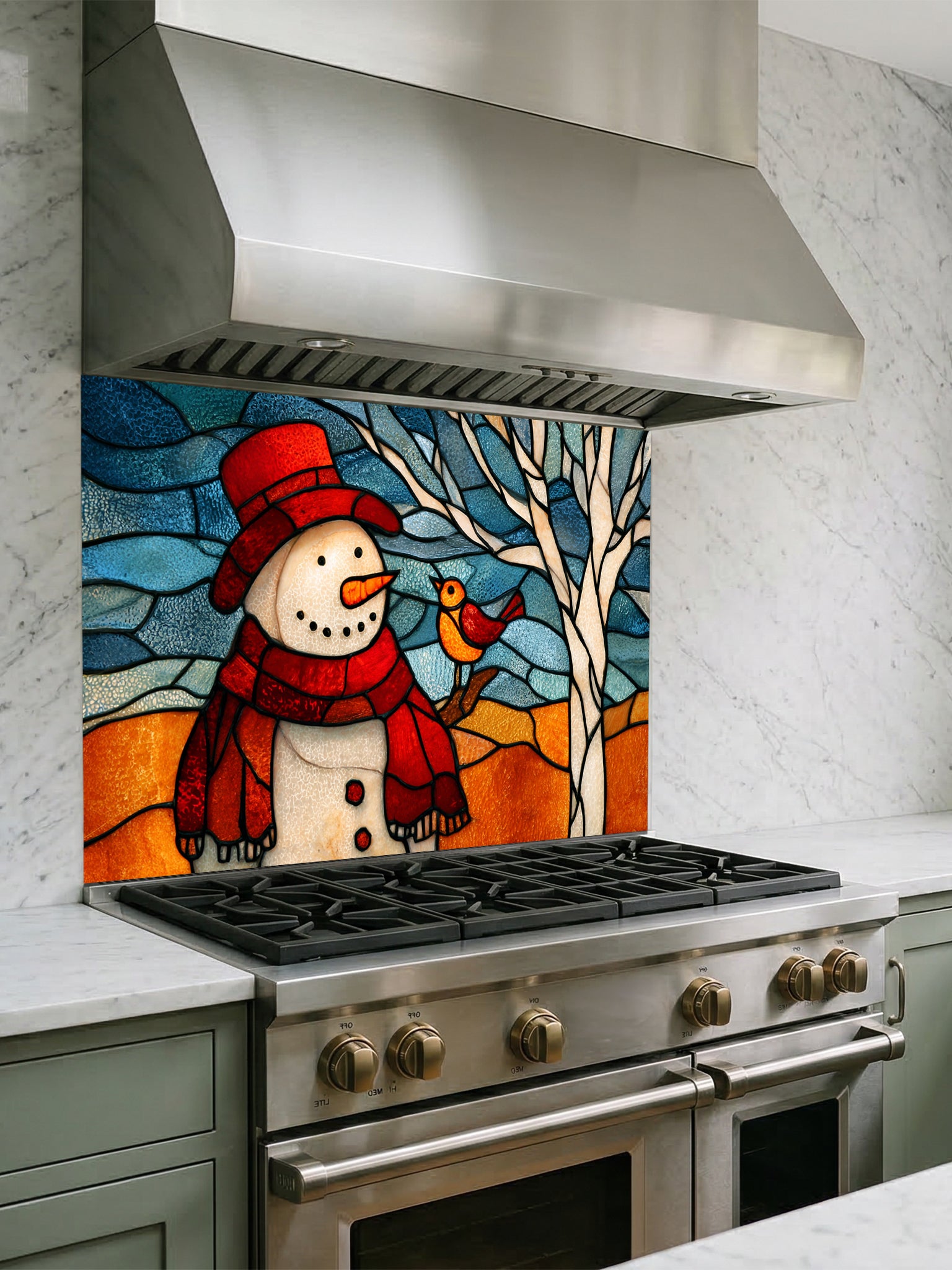 Tempered glass kitchen backsplash featuring a highly realistic 3D illusion of stained glass art showing a cheerful snowman in a red hat and a cute little bird perched on a winter tree against a frosty blue and amber background, installed behind a modern black stove.
