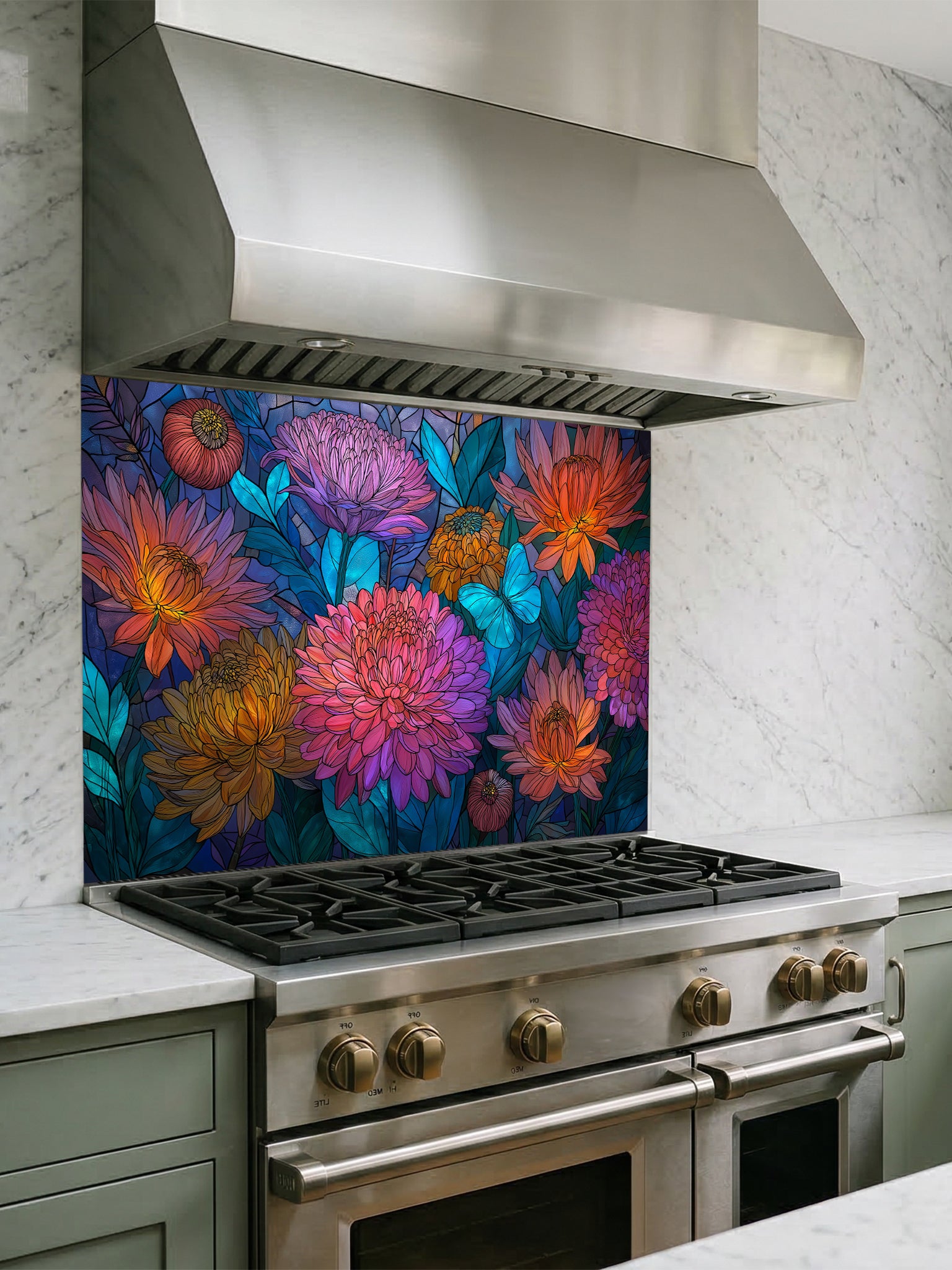 Stained glass style vibrant pink and orange dahlia flowers with a bright blue butterfly, UV printed on a smooth tempered glass kitchen backsplash, installed behind a modern stove.
