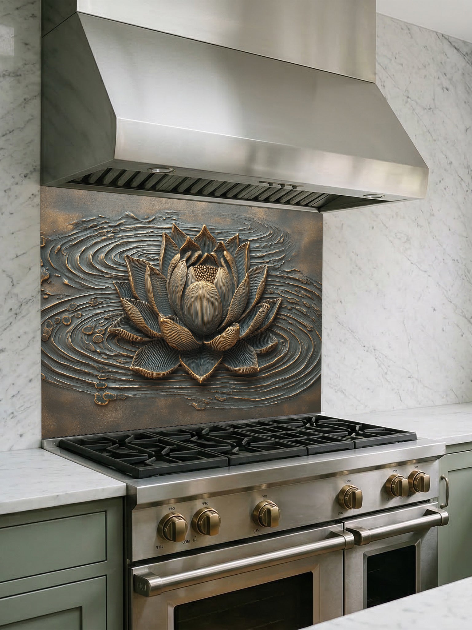 Tempered glass kitchen backsplash featuring a highly realistic 3D illusion of an embossed metallic bronze lotus flower floating on rippling dark grey water, installed behind a modern stainless steel stove.