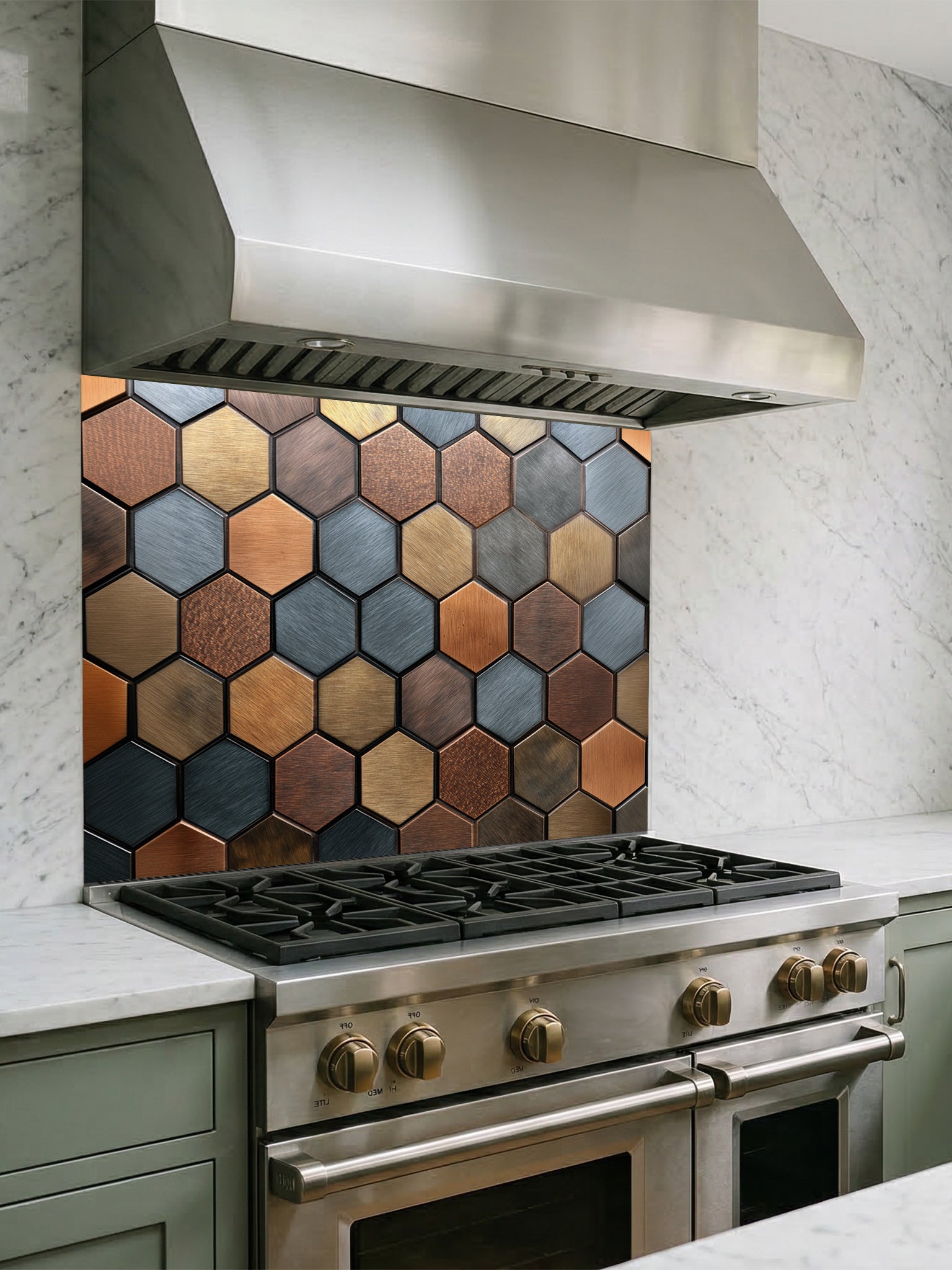 Faux 3D effect mixed metallic hexagon tiles in copper, bronze, and steel tones, UV printed on a smooth tempered glass kitchen backsplash, installed behind a modern stove.