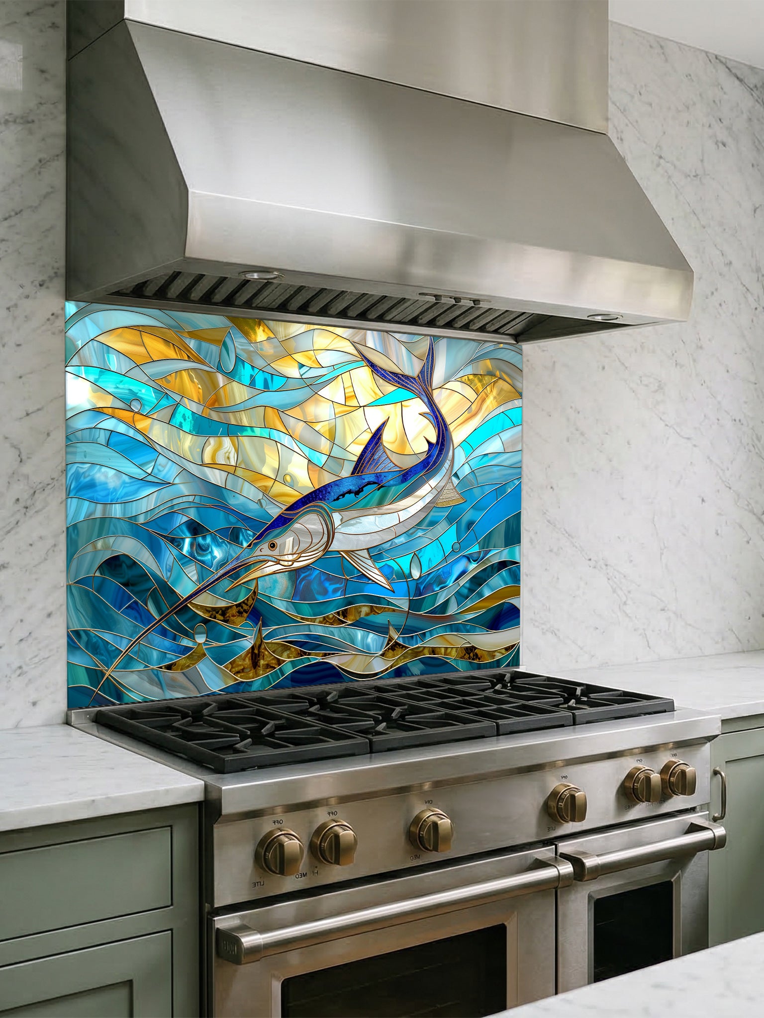 Tempered glass kitchen backsplash featuring a highly realistic 3D illusion of stained glass art showing a majestic blue marlin leaping through swirling ocean waves in vibrant blues and glowing amber tones, installed behind a modern stainless steel stove.