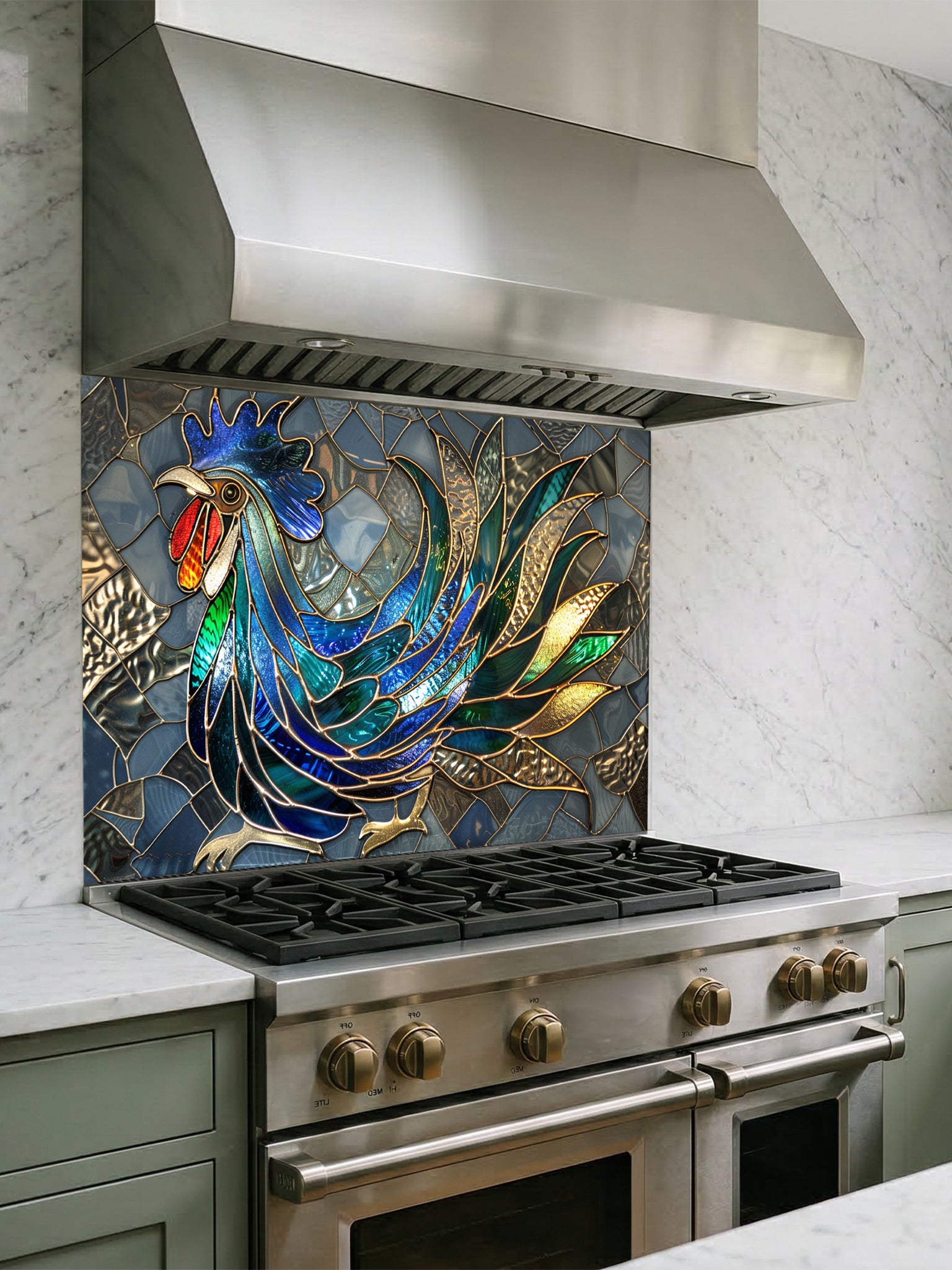 Faux stained glass pattern featuring a vibrant blue, green, and gold rooster against a grey mosaic background, UV printed on a smooth tempered glass kitchen backsplash.
