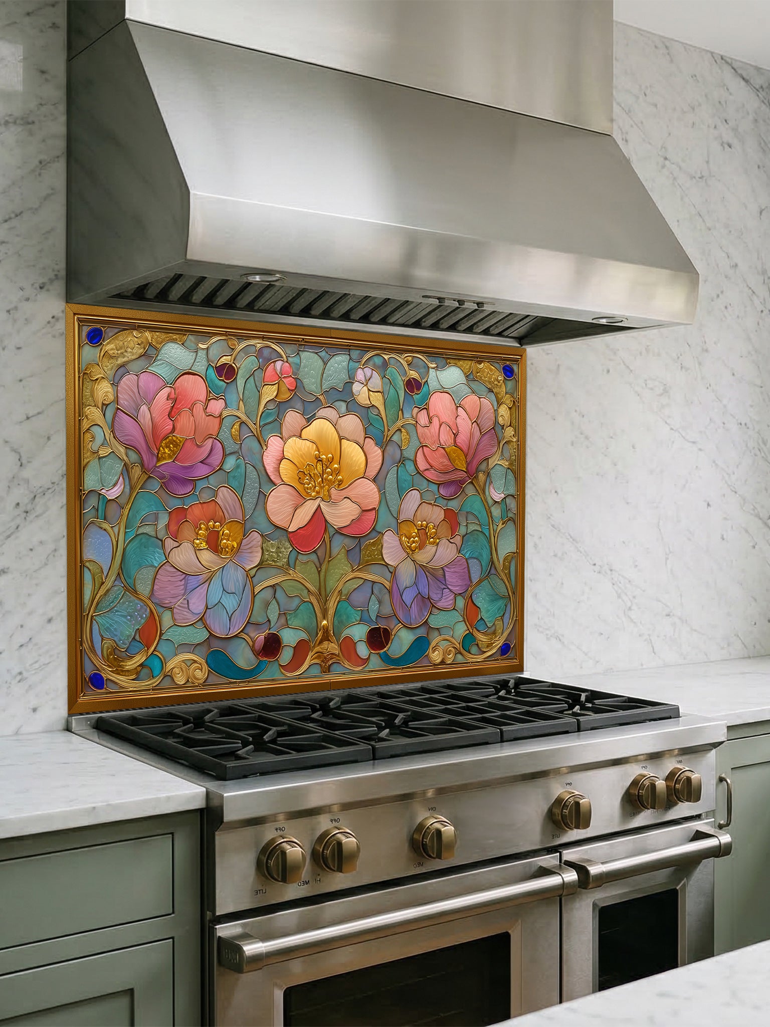 Stained glass style Art Nouveau floral pattern with pink and gold flowers inside an ornate faux-gold frame, UV printed on a smooth tempered glass kitchen backsplash, installed behind a modern stove.