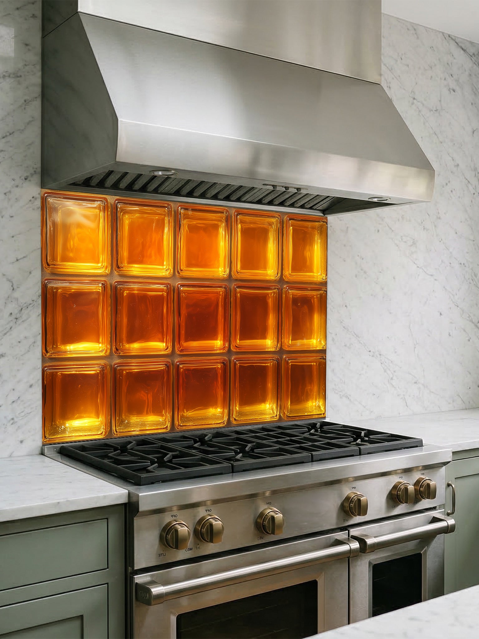 A retro-style kitchen featuring a tempered glass backsplash with a highly realistic faux amber glass block design, giving a warm glowing illusion behind a modern black stove.