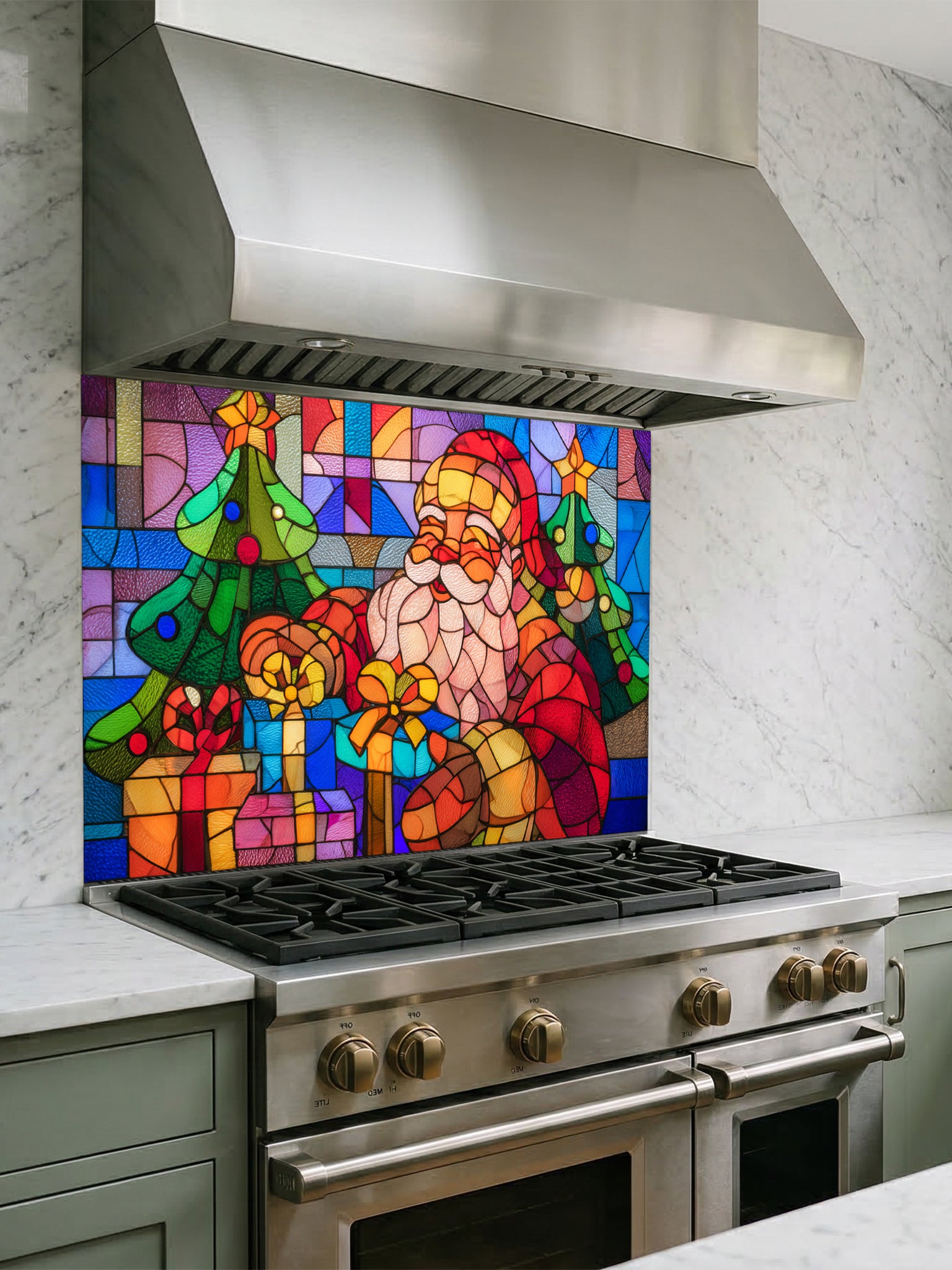 Tempered glass kitchen backsplash featuring a highly realistic 3D illusion of colorful stained glass art showing a cheerful Santa Claus surrounded by green Christmas trees and wrapped gifts in vibrant red, blue, green, and gold, installed behind a modern black stove.