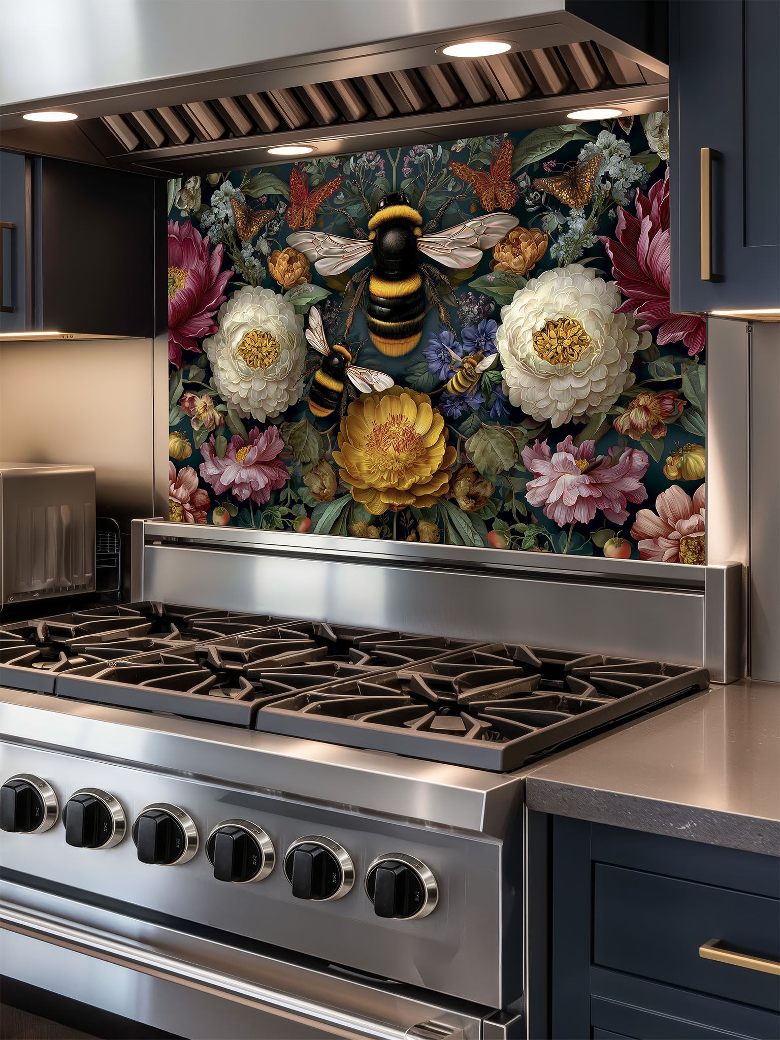 Tempered glass kitchen backsplash featuring a dark moody floral and large bumblebee vintage design installed behind a modern stainless steel stove.