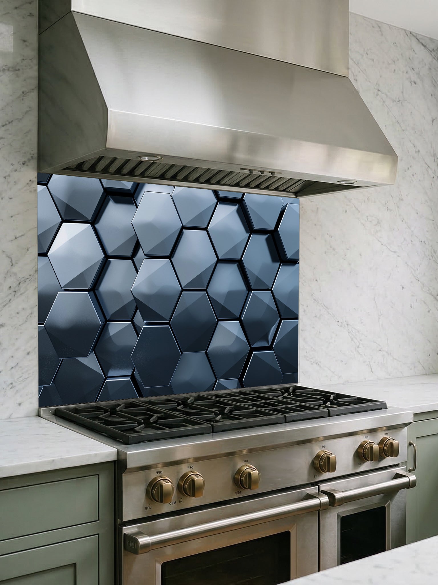 Tempered glass kitchen backsplash featuring a highly realistic 3D illusion of dark slate blue and charcoal metallic hexagon tiles in a sleek honeycomb pattern with dramatic shadow effects, installed behind a modern stainless steel stove.