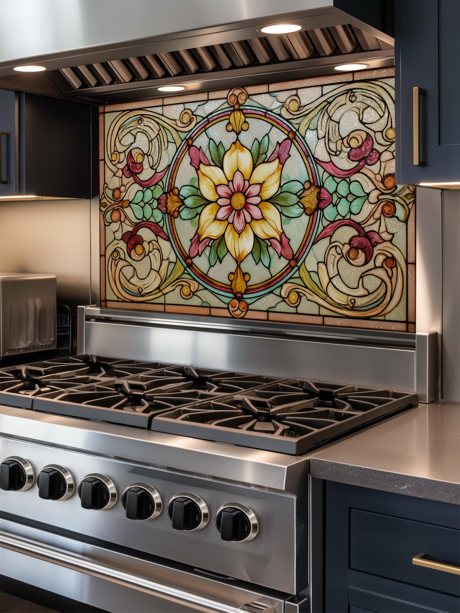 a modern kitchen with a large, ornate, stained glass backsplash above the stovetop oven. The backsplash is a vibrant, colorful design with intricate patterns and floral motifs. The stovetop oven is a sleek, stainless steel model with a range hood above it. The overall design and color scheme of the kitchen create a visually appealing and contemporary atmosphere.
